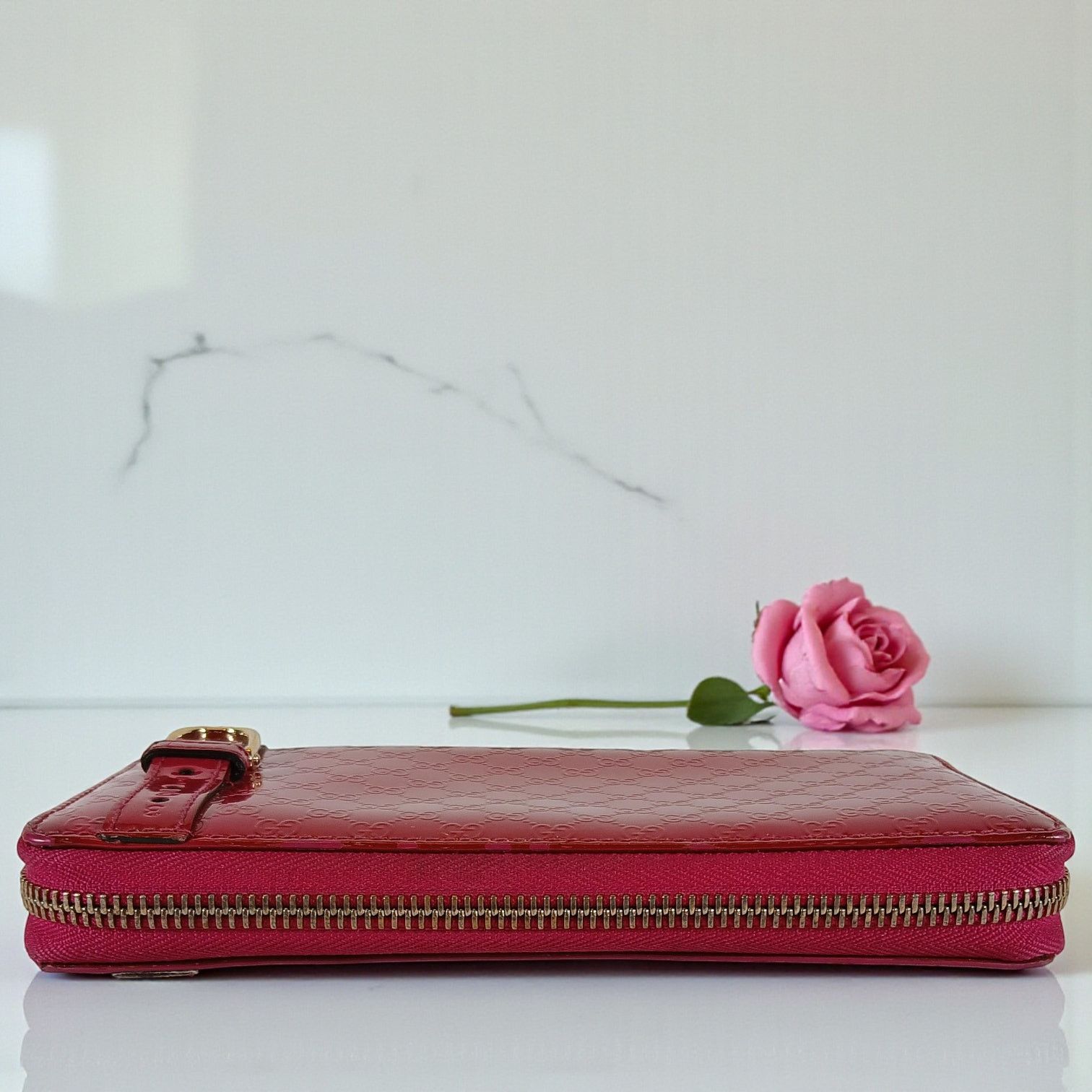 Gucci Gucci Shima GG Belted Zip Around Pink Enamel Leather Wallet Size ONE SIZE - 8 Thumbnail