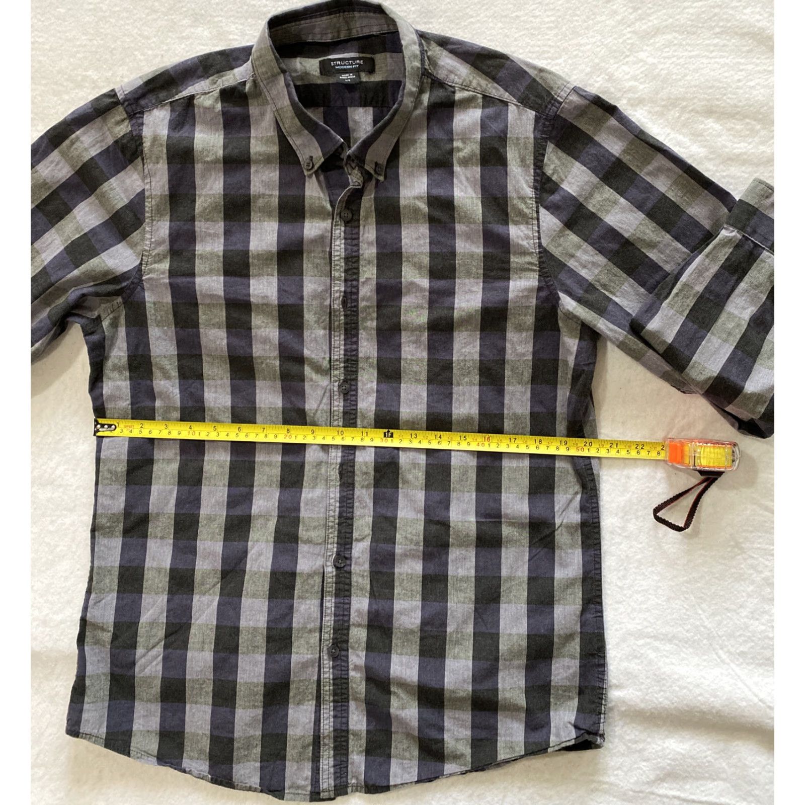 Vintage Structure Dress Shirt L Mens Regular Long Sleeve Gray Check Cotton Blend Size 42R - 6 Thumbnail