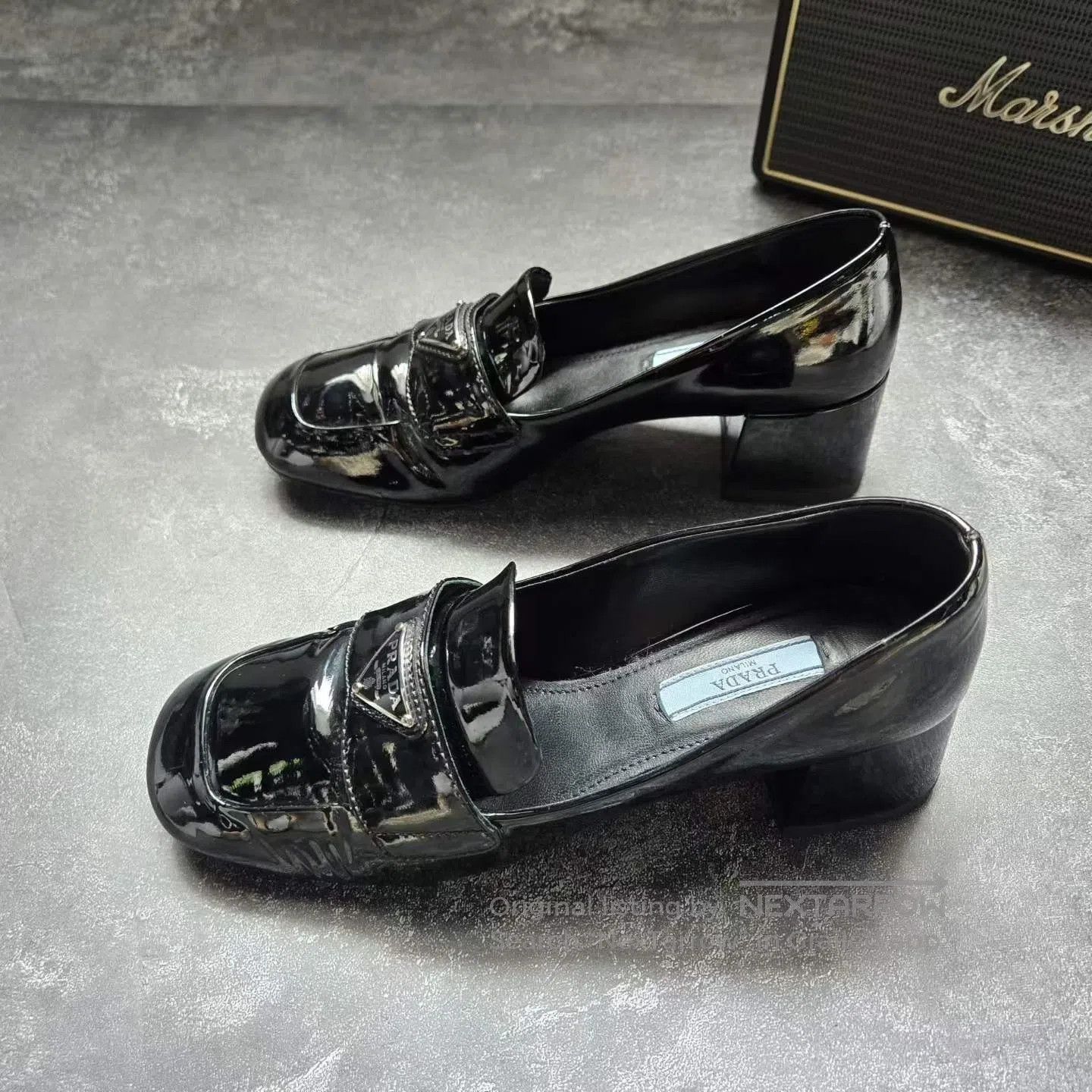 Prada Prada Triangle Logo Black Patent Leather Block Heel Loafer Size US 5 / IT 35 - 1 Thumbnail