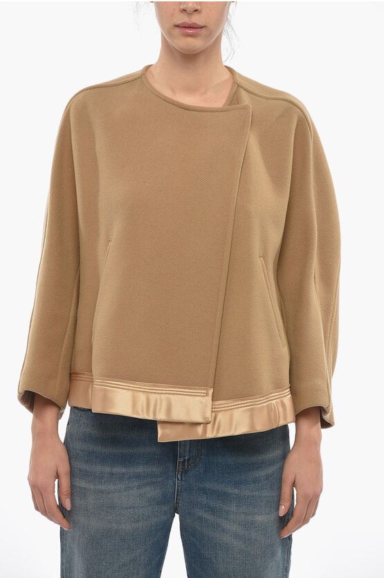 image of Chloe Double Breasted Boxy Fit Wool Cropped Peacoat in Beige, Women's (Size Medium)