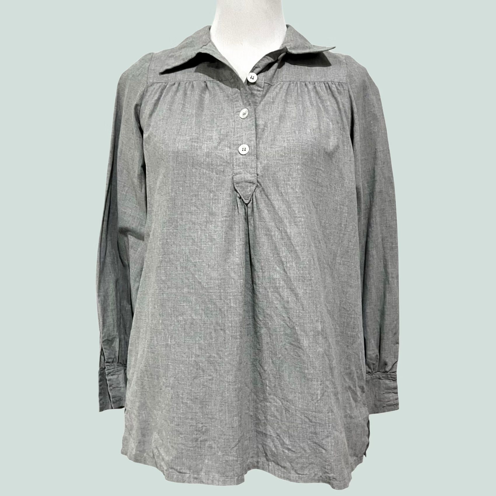 Vintage Kayce Hughes Blouse Womens Popover Top Gray Collared Long Sleeve with Pockets Size 2 Regular XS? Size XS / US 0-2 / IT 36-38 - 1 Thumbnail