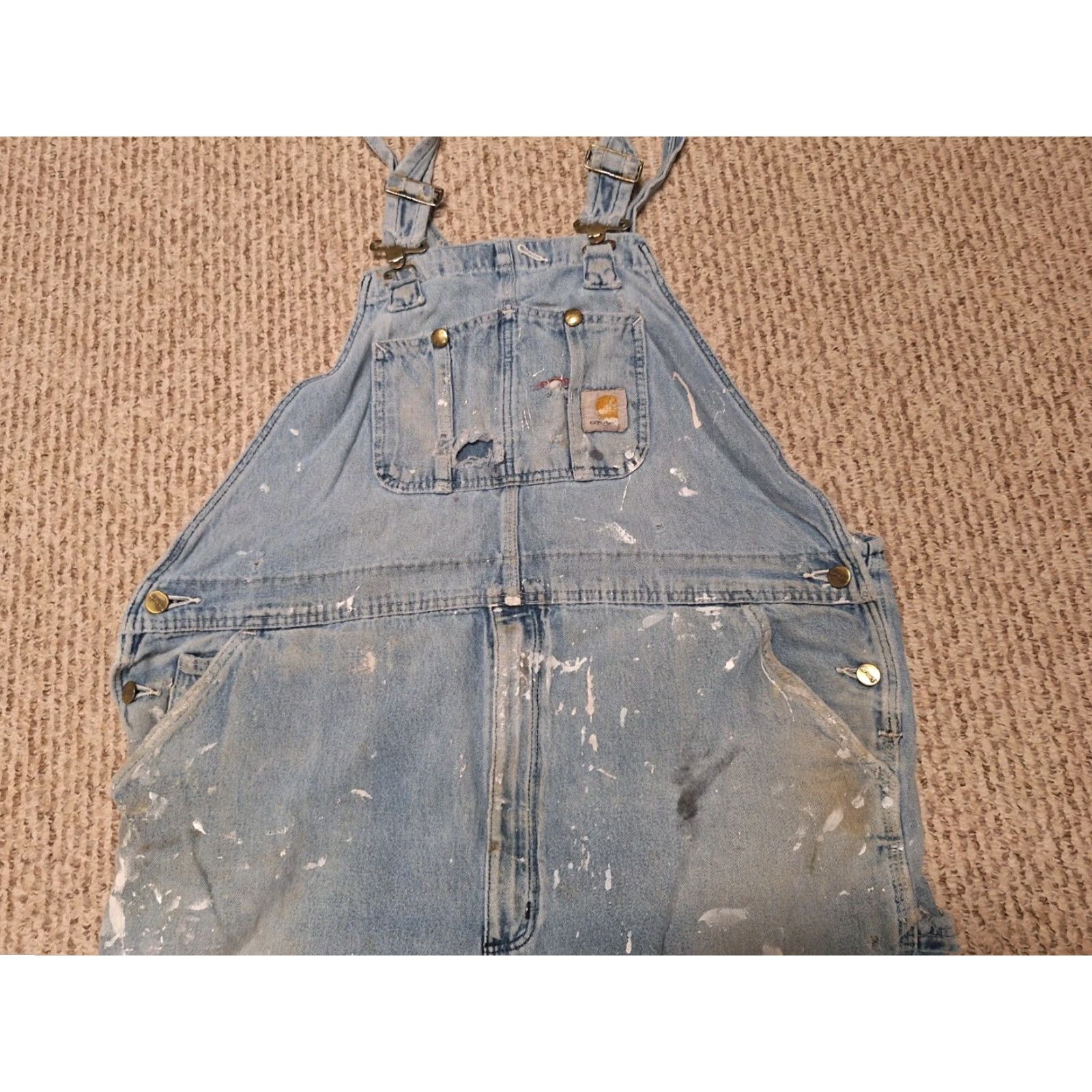 Carhartt Carhartt Bib Overalls Mens 44 Denim Blue Distressed Grunge Cotton Denim Jeans 44X30 Bib Overalls Mens Size US 44 / EU 60 - 4 Thumbnail