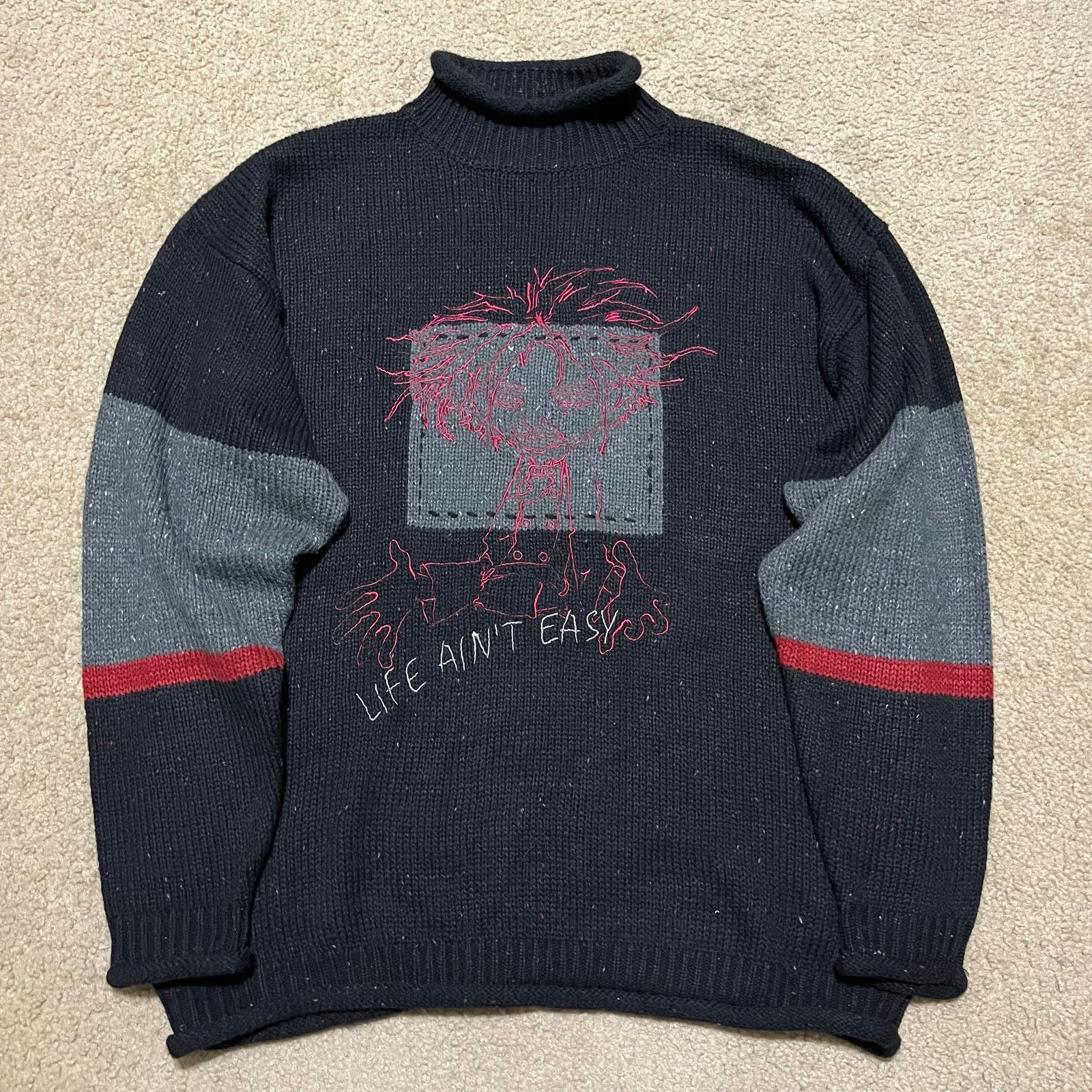 Other Y2K Godbody Life Ain’t Easy Knit Sweater Graphic Turtleneck Size US L / EU 52-54 / 3 - 1 Thumbnail