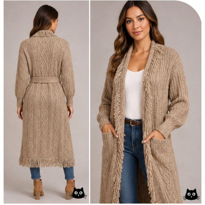 Other Olivaceous Tan Cream Cable Knit Fringe Trim Midi Cardigan L Size L / US 10 / IT 46 - 8 Thumbnail