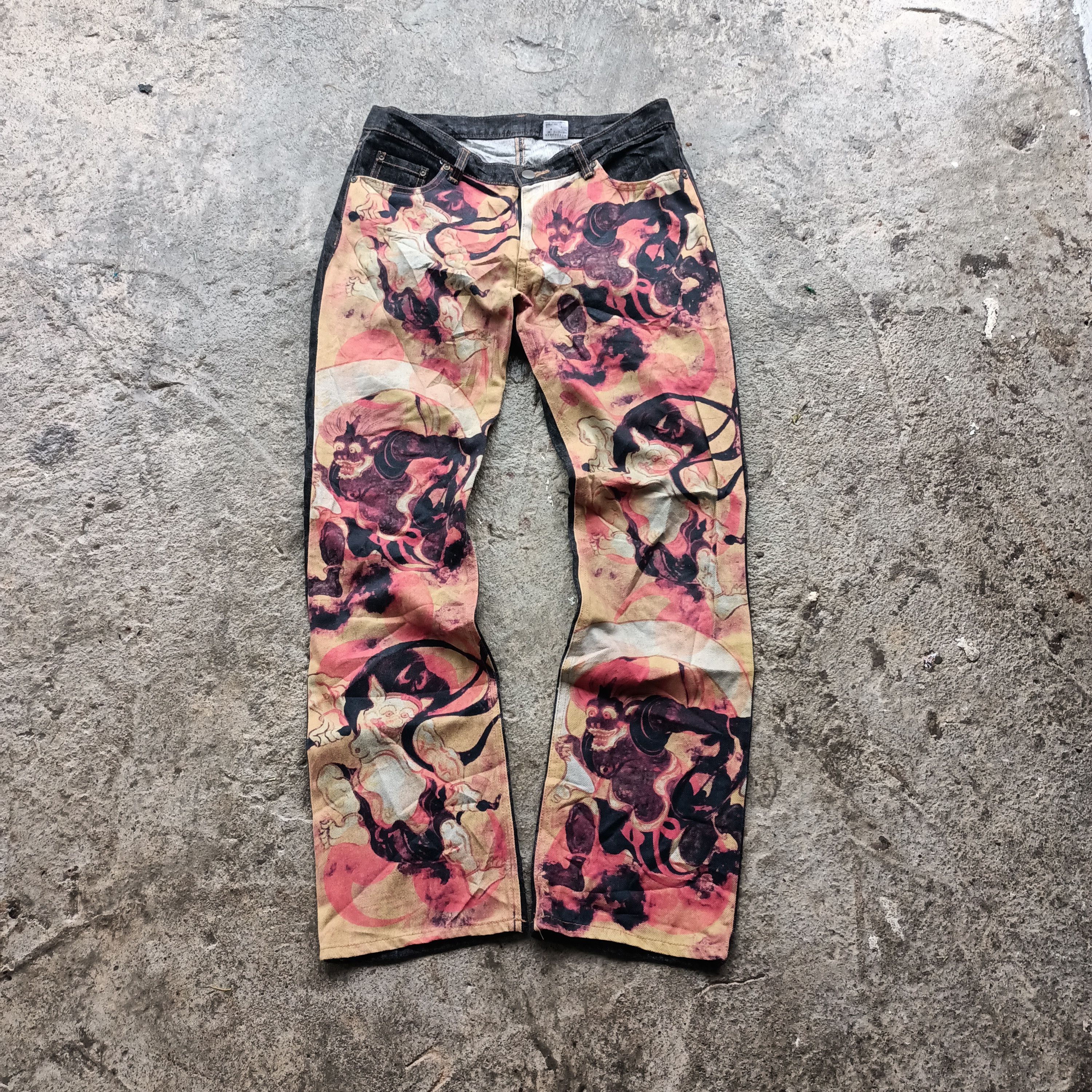 image of Avant Garde Japanese Gods Raijin Fujin Printed By Cassopi Jeans in Vintage Painted Denim (Size 32)