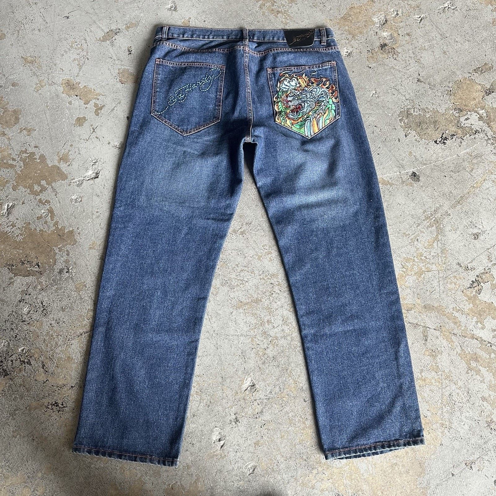 Ed Hardy × JNCO × Vintage Vintage Y2K Ed Hardy Tiger Baggy Denim Jeans 40x34 Audigier Size US 40 / EU 56 - 3 Thumbnail
