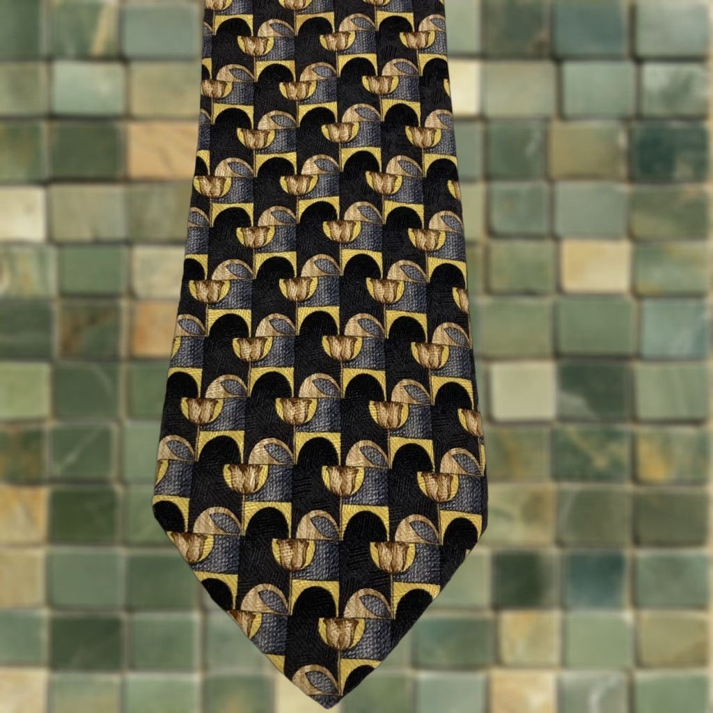 Ermenegildo Zegna ERMENEGILDO ZEGNA Men's Necktie 100% Silk ITALY Luxury Geometric Black Gold GUC Size ONE SIZE - 1 Thumbnail