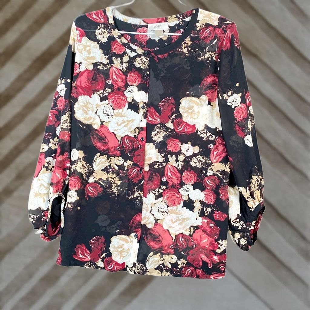 Loft LOFT Blouse Black Floral Casual Sheer Round Neck Long Sleeve Bell Sleeve S Women Size S / US 4 / IT 40 - 1 Thumbnail