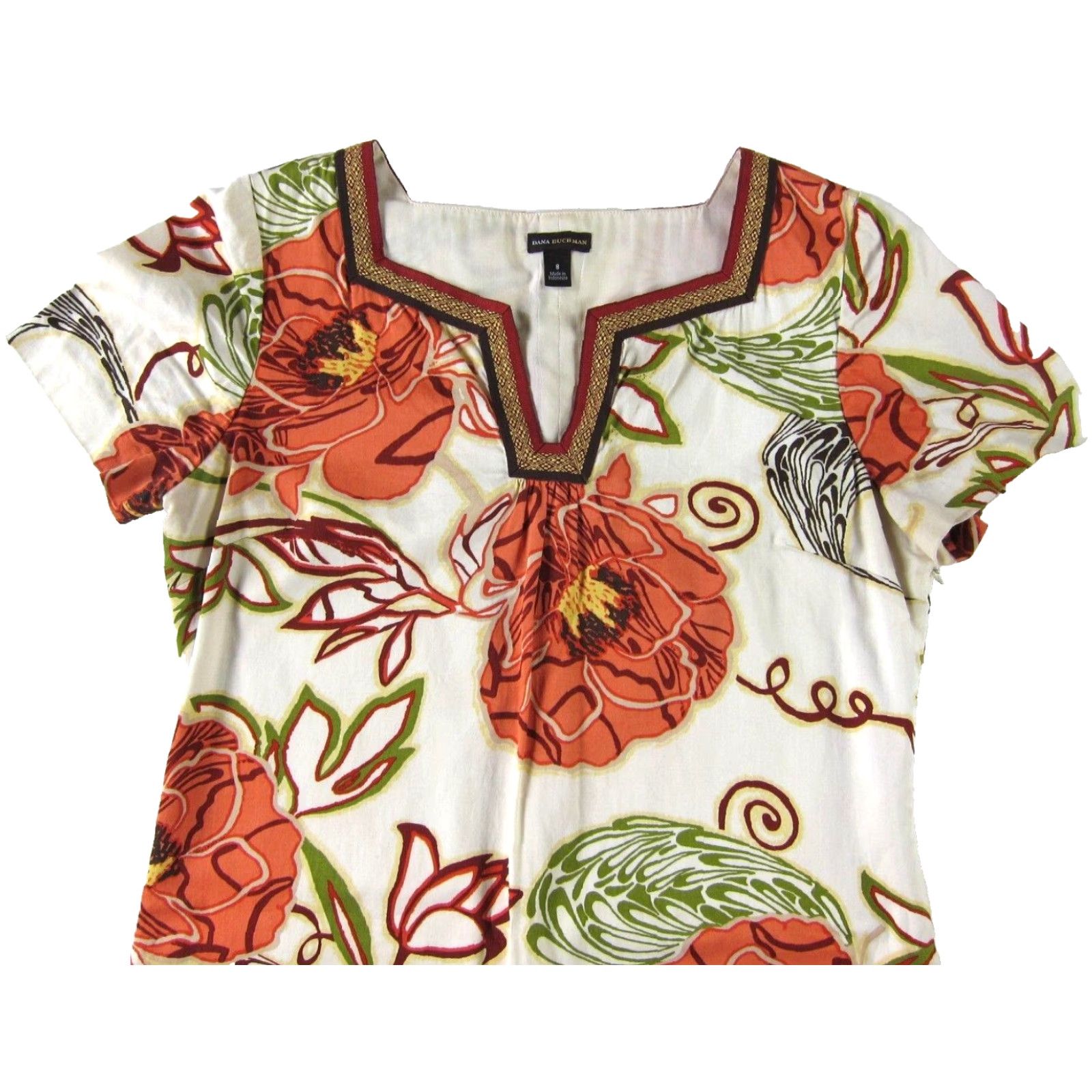 Vintage Dana Buchman Shift Dress 8 Women Short Sleeve Ivory Floral Cotton Stretch Kaftan Pencil Sheath Shirt Dress V-Neck 8 Size 30" / US 8 / IT 44 - 4 Thumbnail