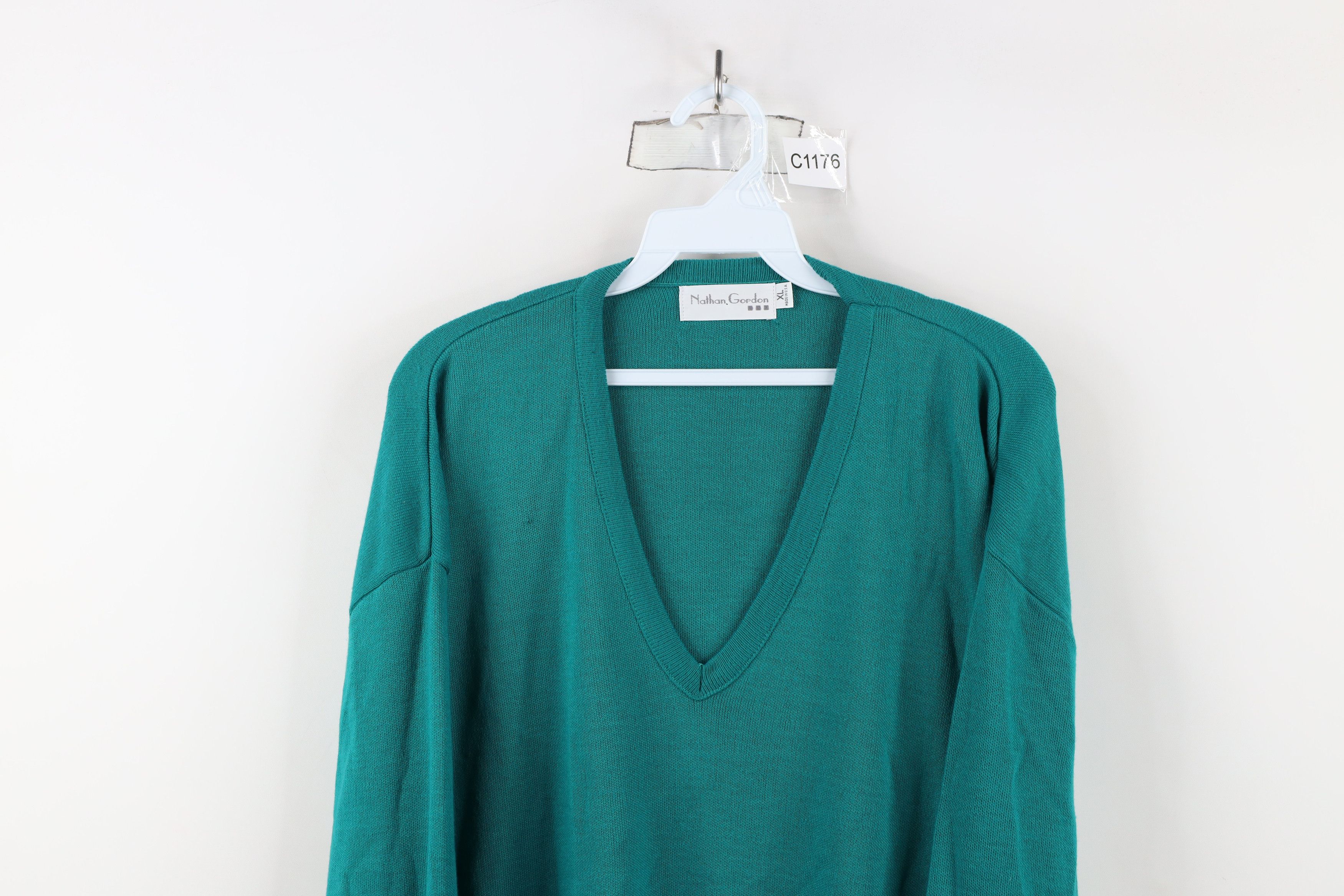 Vintage Vintage 90s Streetwear Knit V-Neck Sweater Teal USA Acrylic Size US XL / EU 56 / 4 - 2 Thumbnail
