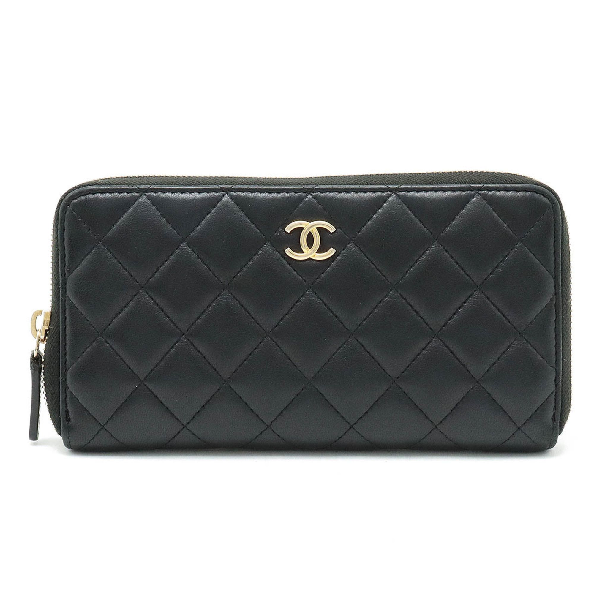 image of Chanel Matelasse Inner Quilted Round Long Wallet Lambskin Leather Black Ap0041, Women's