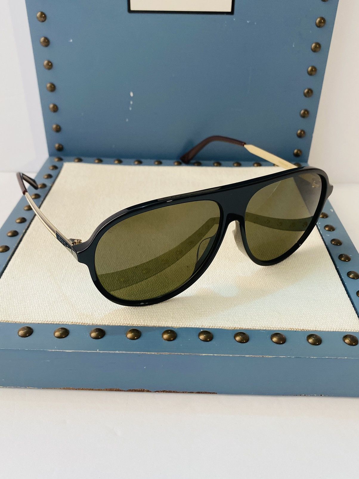 image of Gucci Gg0829Sa 002 Aviator Sunglass Black And Ruthenium, Men's