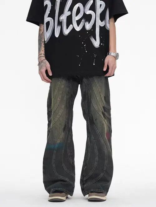 Vintage Washed Graffiti Micro Flared Heavy Duty Jeans