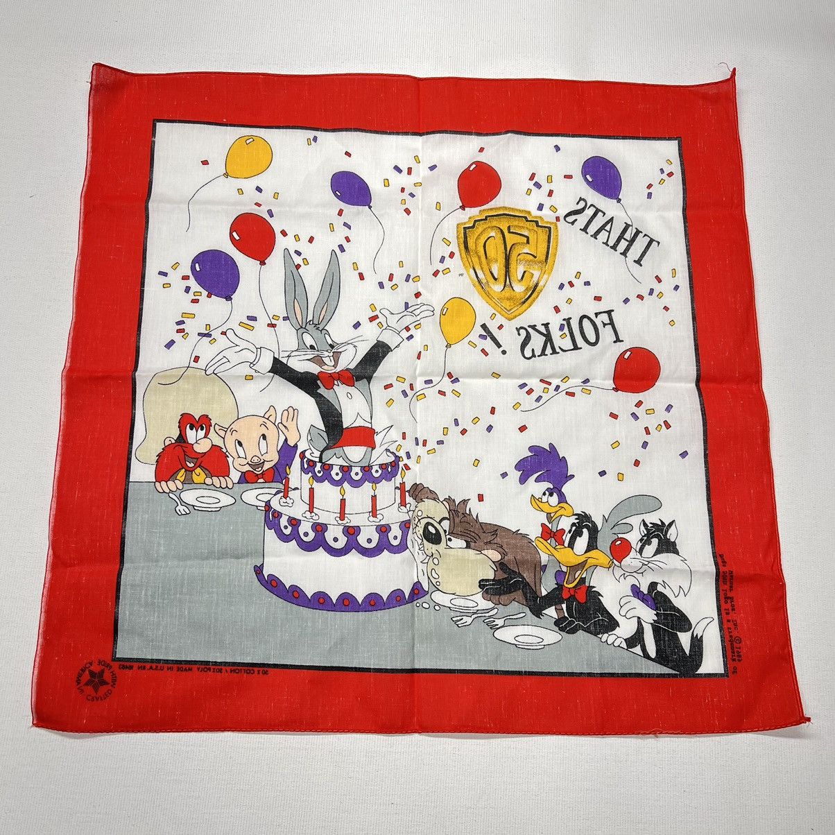 Vintage × Warner Bros VTG Looney Tunes Bandana Handkerchief Bugs Bunny 50th Size ONE SIZE - 8 Thumbnail