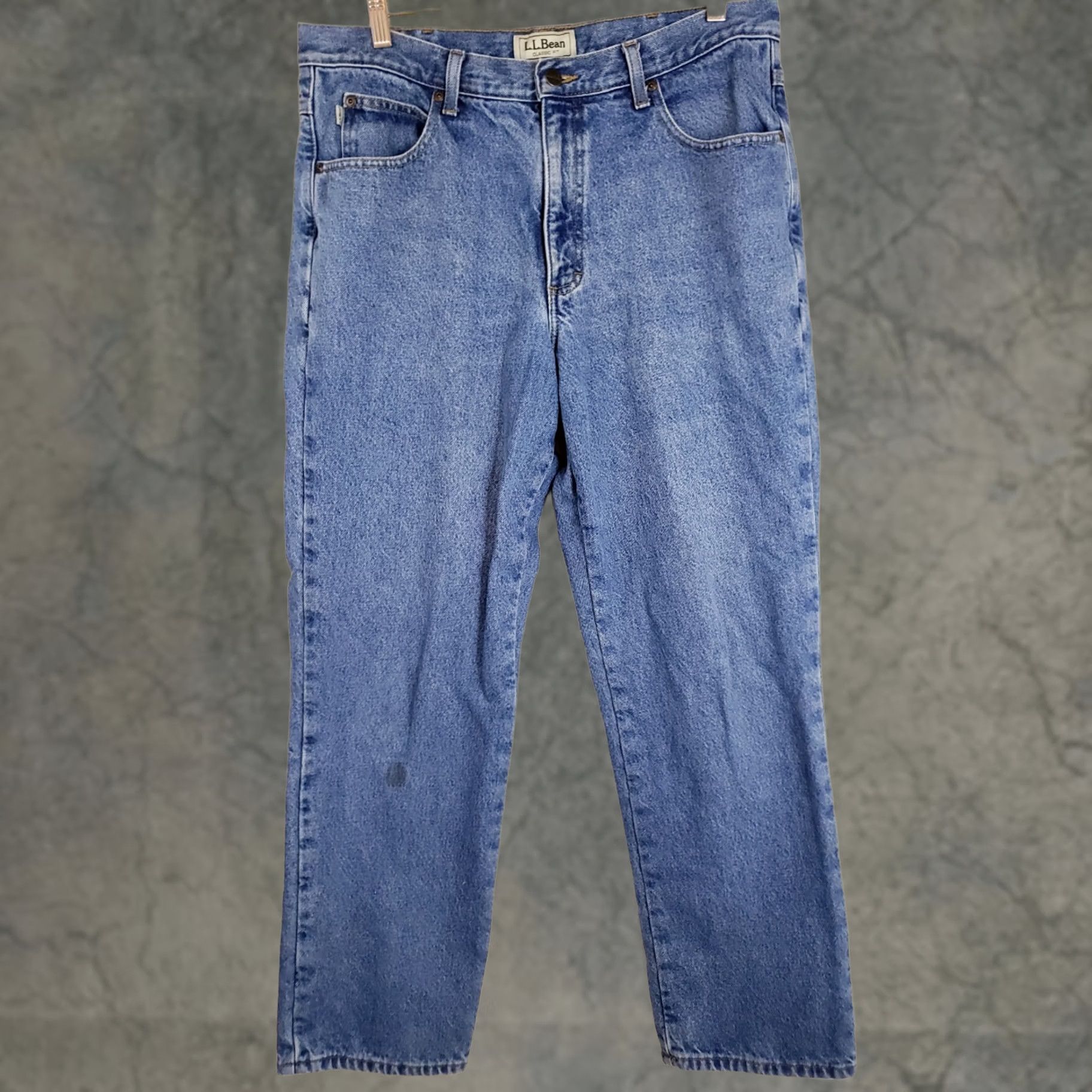 Denime LL Bean Denim Jeans 35x30 Blue Classic Fit 5-Pocket Straight Zip Raw Denim Relaxed Men Size US 35 - 1 Thumbnail