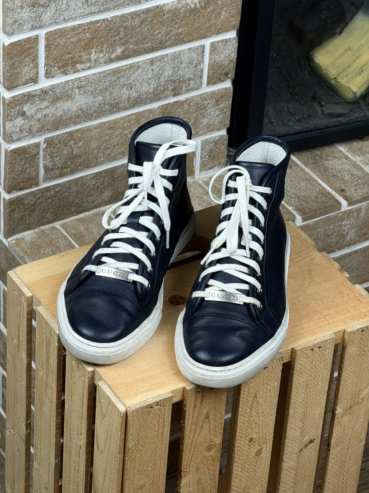 Gucci Gucci Blue Leather Hi Top Sneakers Size US 6.5 / EU 39-40 - 4 Thumbnail