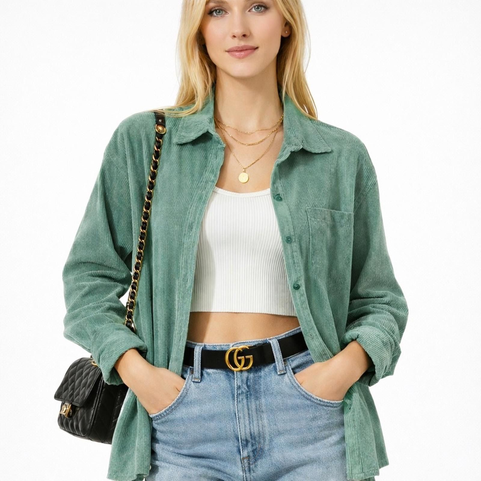 Other Audrey 3+1 M/L Oversized Corduroy Button Down Shirt Teal EUC Size L / US 10 / IT 46 - 1 Thumbnail