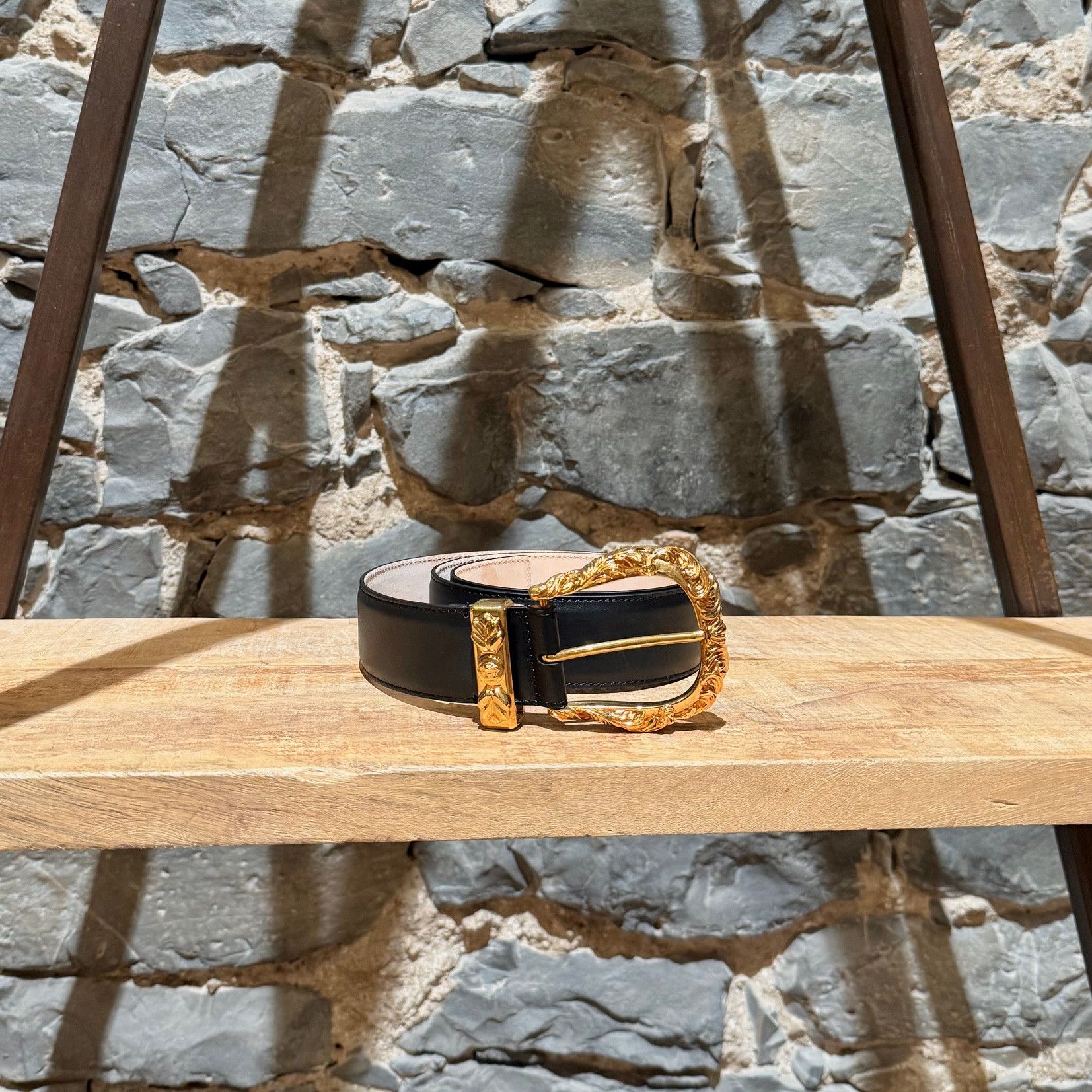 Versace Barocco Medusa Gold Buckle Black Leather Wide Belt