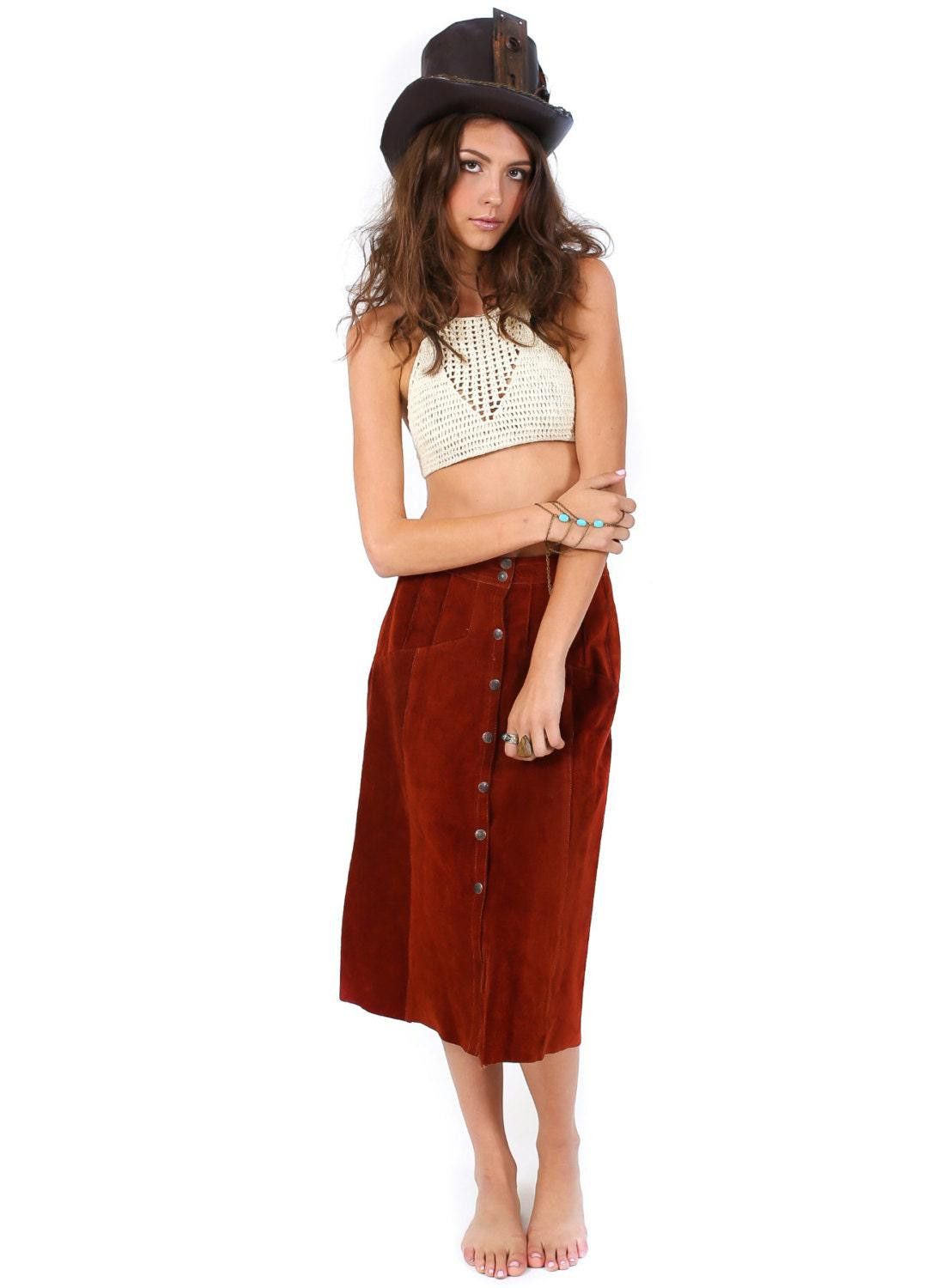 Designer Rust Suede Leather Skirt Vintage Circa 1970s - Maxi calf Size 34" / US 12 / IT 48 - 3 Thumbnail