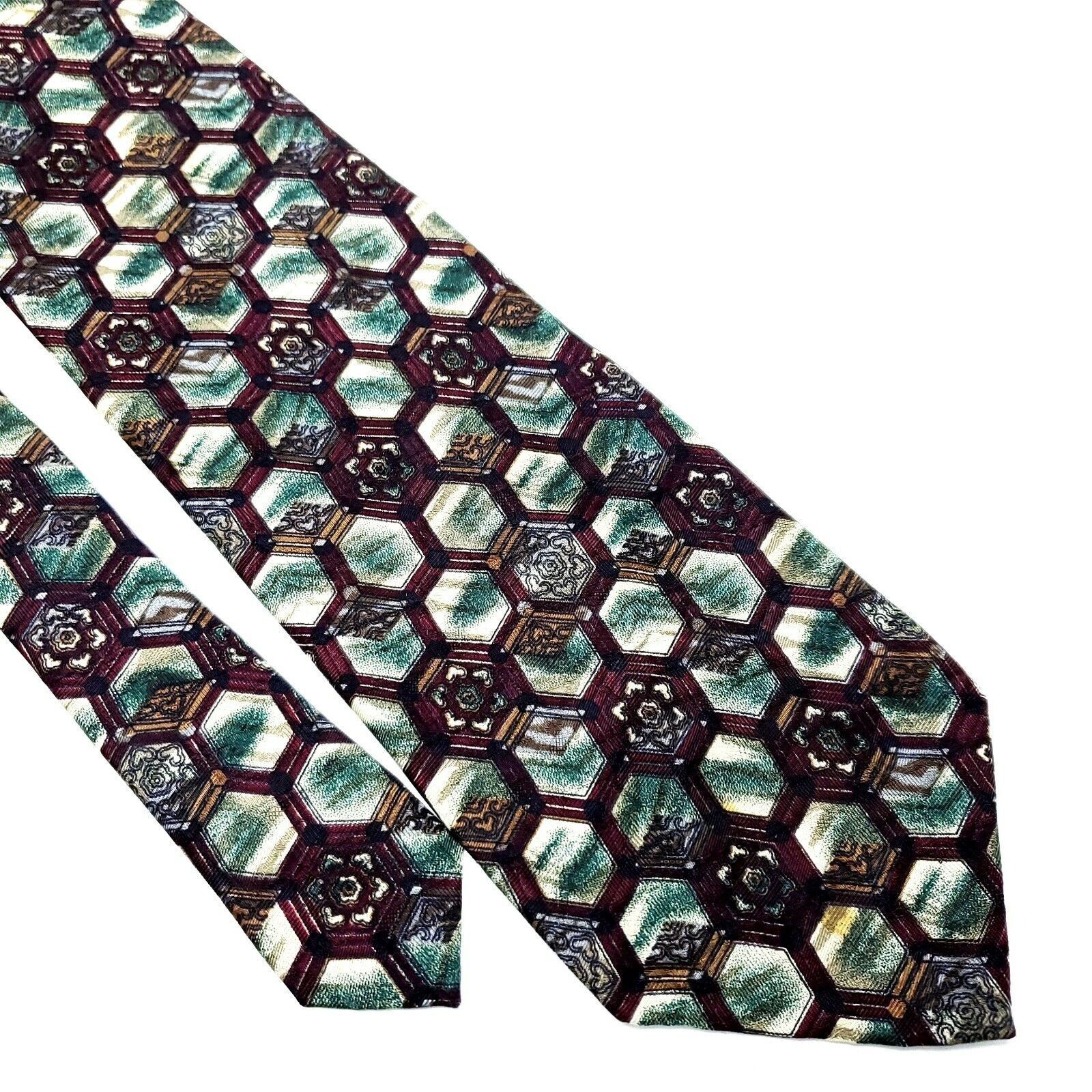 XMI Platinum XMI Silk Tie Maroon Green Geometric Short Wide Size ONE SIZE - 1 Thumbnail