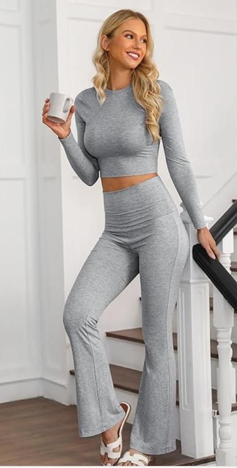 NBDN Nobrandedon Lounge Set Fold-Over Flare Pants,Long Sleeve Cropped MEDIUM Size ONE SIZE - 4 Thumbnail