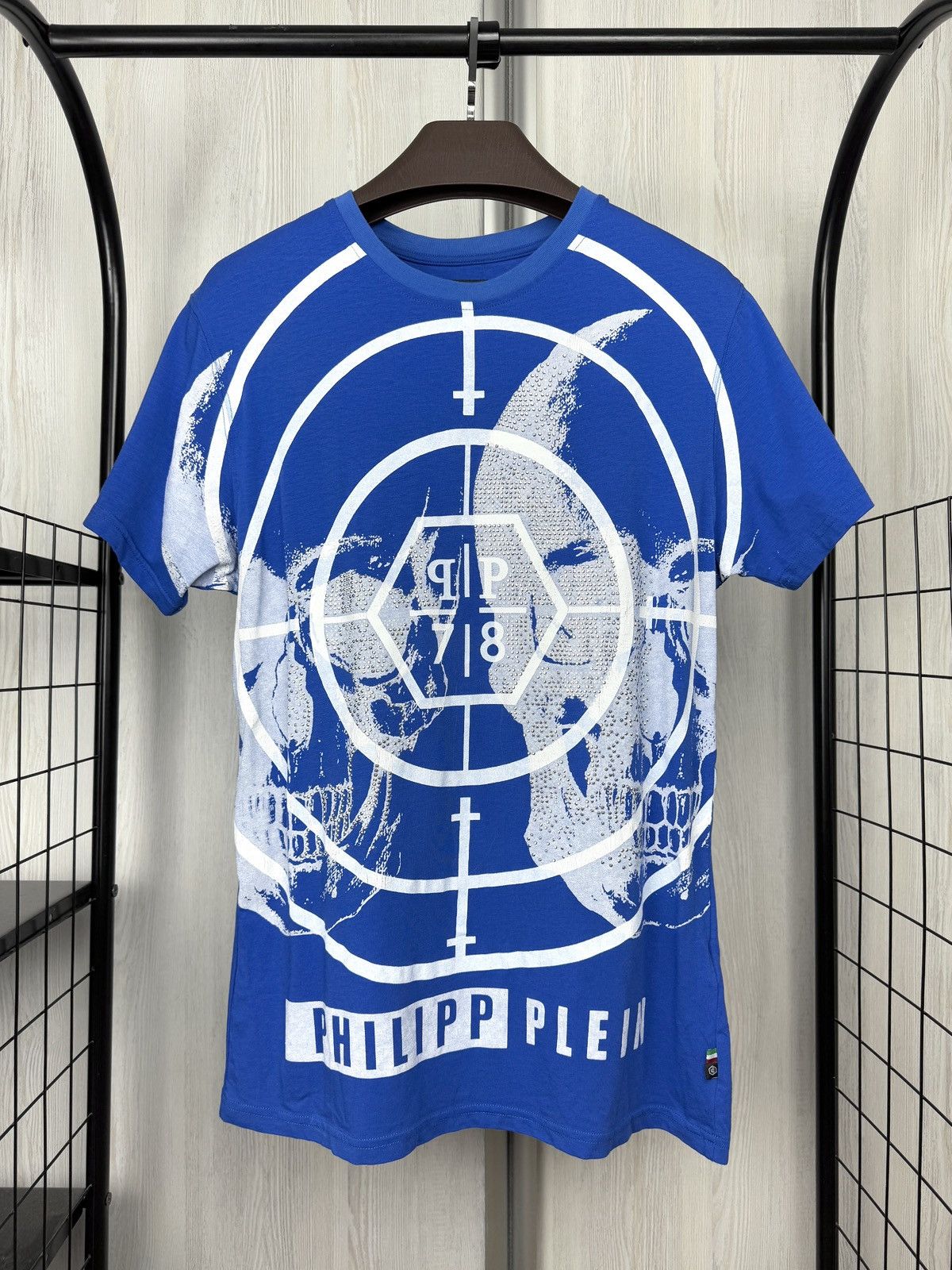 Philipp Plein blue skull target big logo luxury stretchy tee 