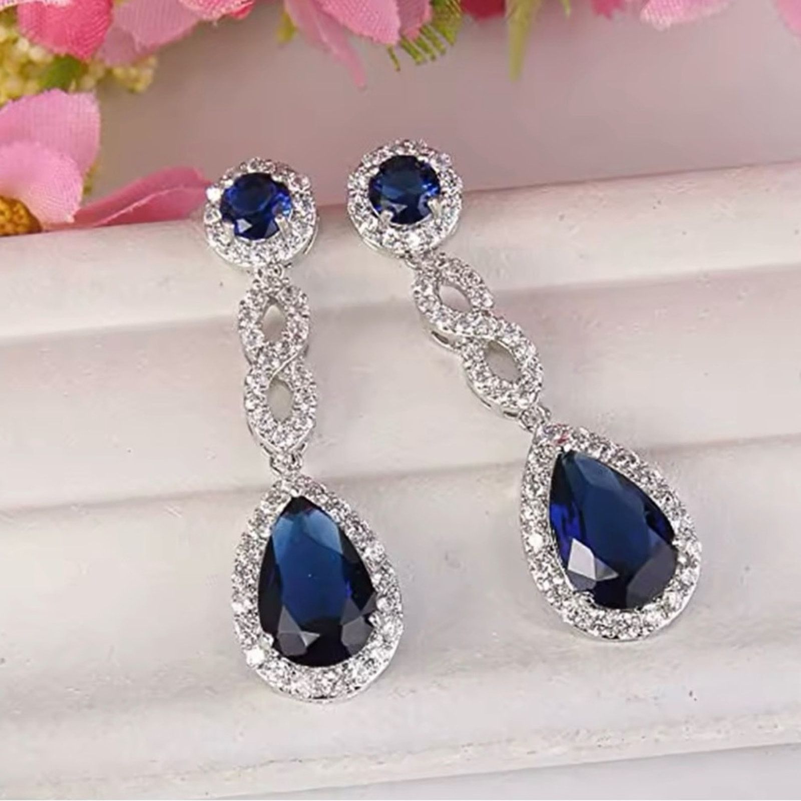 Other Blue Cubic Zirconia Long Hanging Earrings for Women Size ONE SIZE - 3 Thumbnail