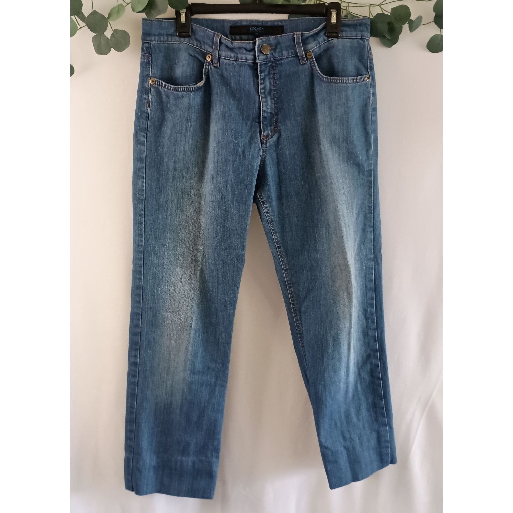 Pantalon Jean Vintage ESCADA SPORT Gris Stretch - Taille Haute 42 - Logo Strass - Occasion Très Bon état