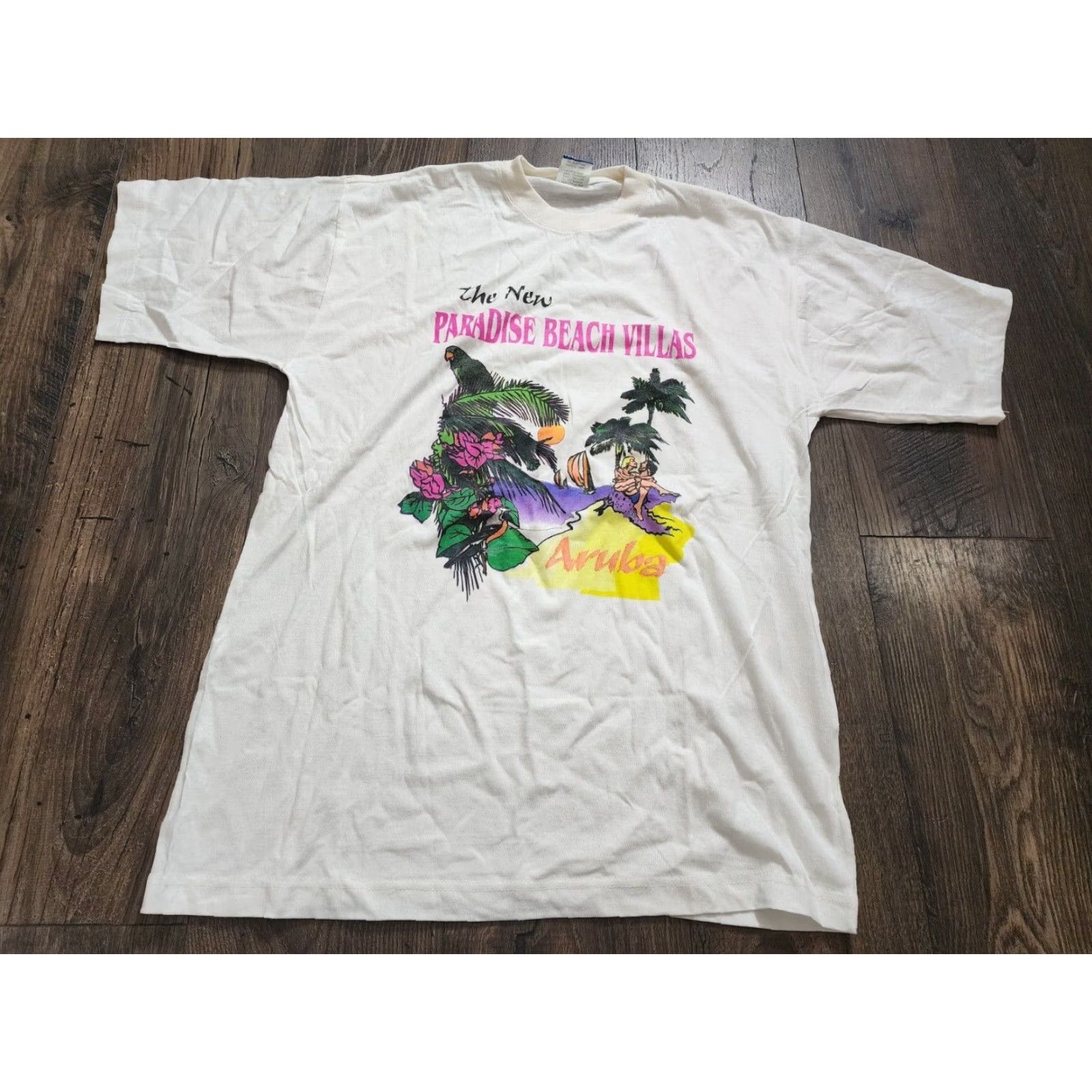 Paradise VINTAGE Beach Club Graphic T Shirt Adult Large White 90s Naughty Aruba Paradise Beach Villas Mens Size US L / EU 52-54 / 3 - 2 Thumbnail