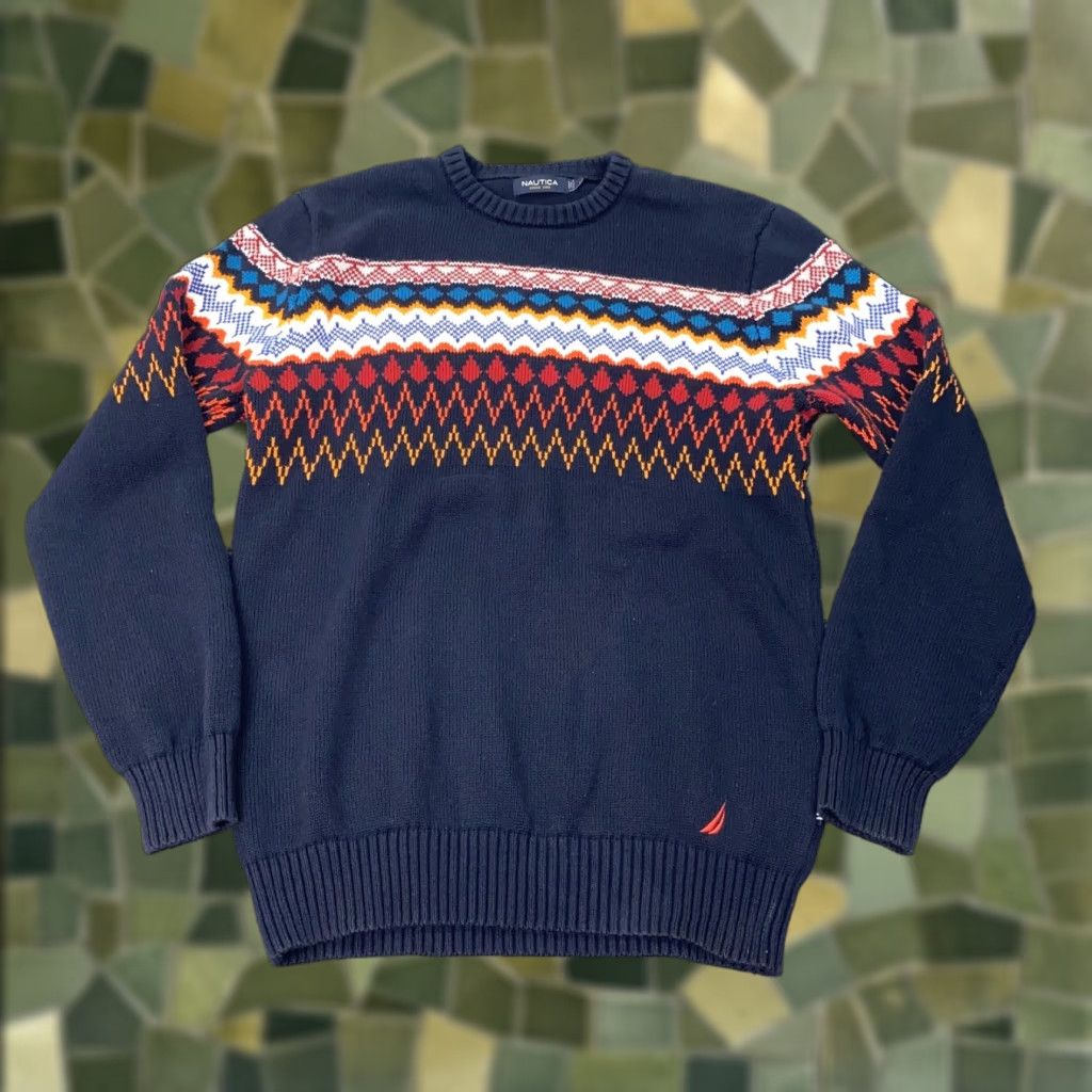 Nautica NAUTICA Sweater Mens Large Blue Fair Isle Crewneck Pullover Knit Cotton Preppy Size US L / EU 52-54 / 3 - 1 Thumbnail