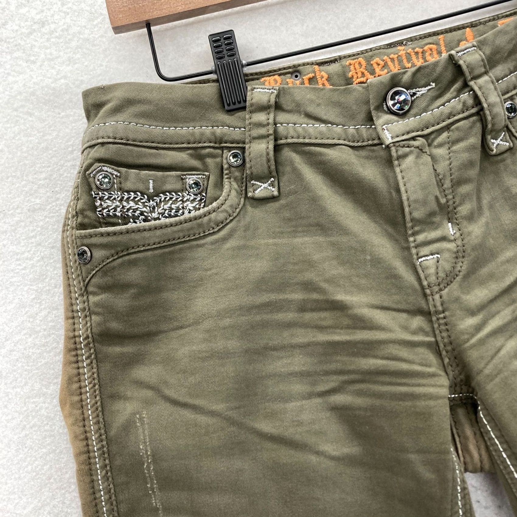 Vintage Rock Revival Margie Skinny Pants Women's 27 Green Stretch Embroidered Studded Size 30" / US 8 / IT 44 - 3 Thumbnail