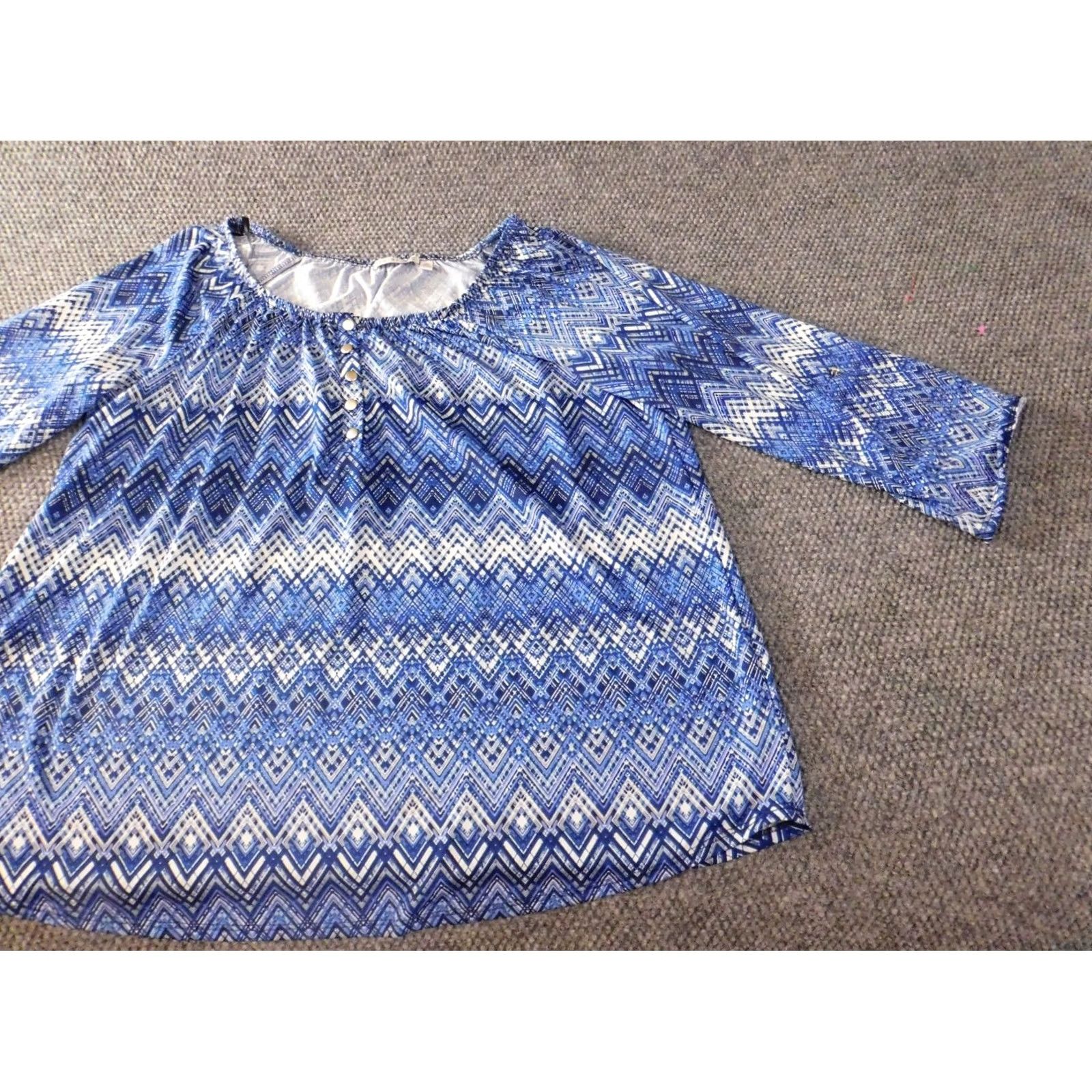 Vintage Notations Blouse Shirt Womens 2X Plus Blue Striped Stretch Pullover Casual Round Neck Short Sleeve Size XXL / US 16-18 / IT 52-54 - 3 Thumbnail