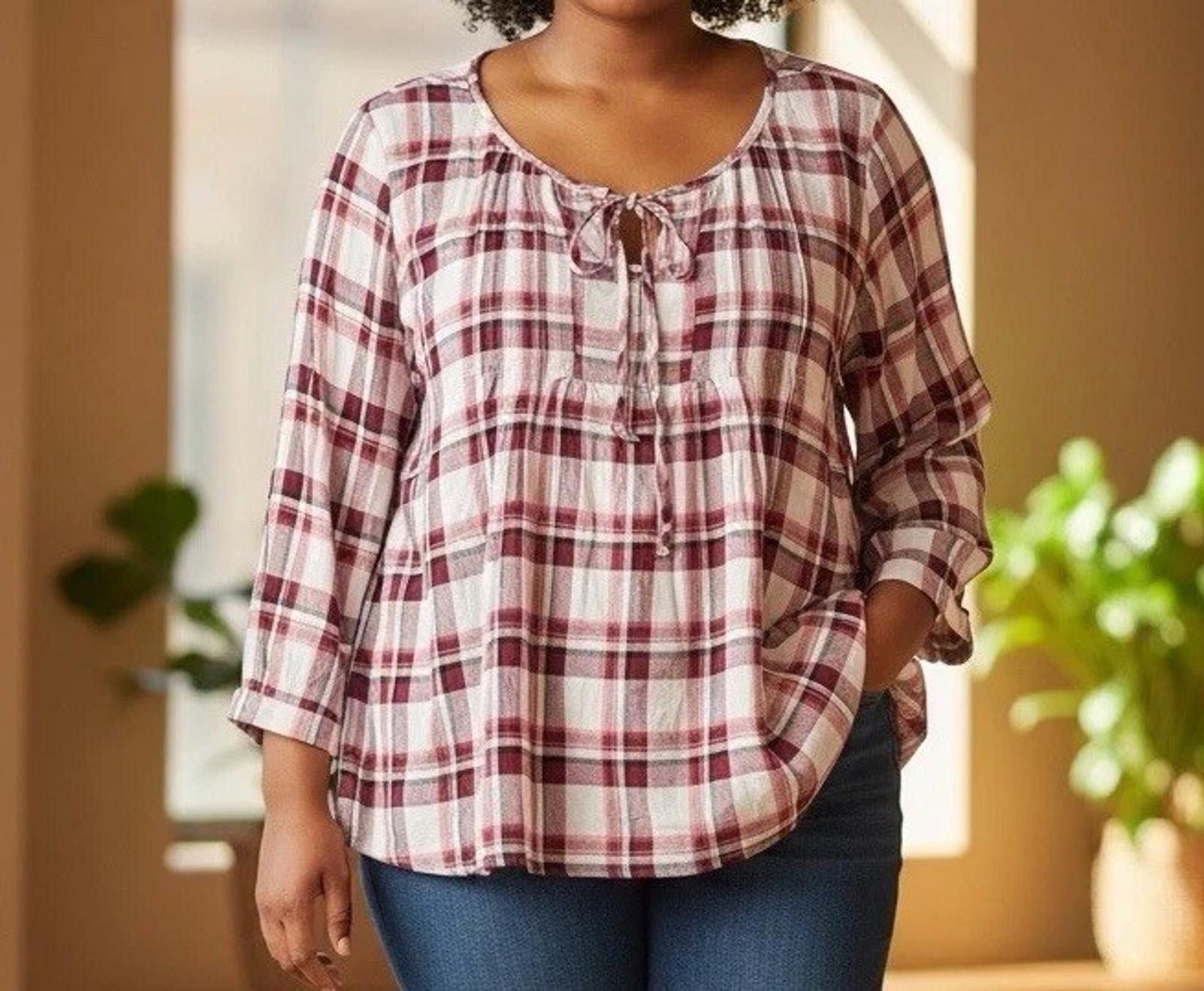 Other Suzanne Betro 3X Pink Plaid Tunic Blouse Tie Neck Size 3XL / US 20-22 - 1 Thumbnail