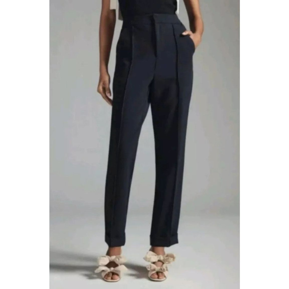 Anthropologie Maeve Pintuck Tapered Leg Trouser Cuffed Pants Black Size 10 Size 32" / US 10 / IT 46 - 1 Thumbnail