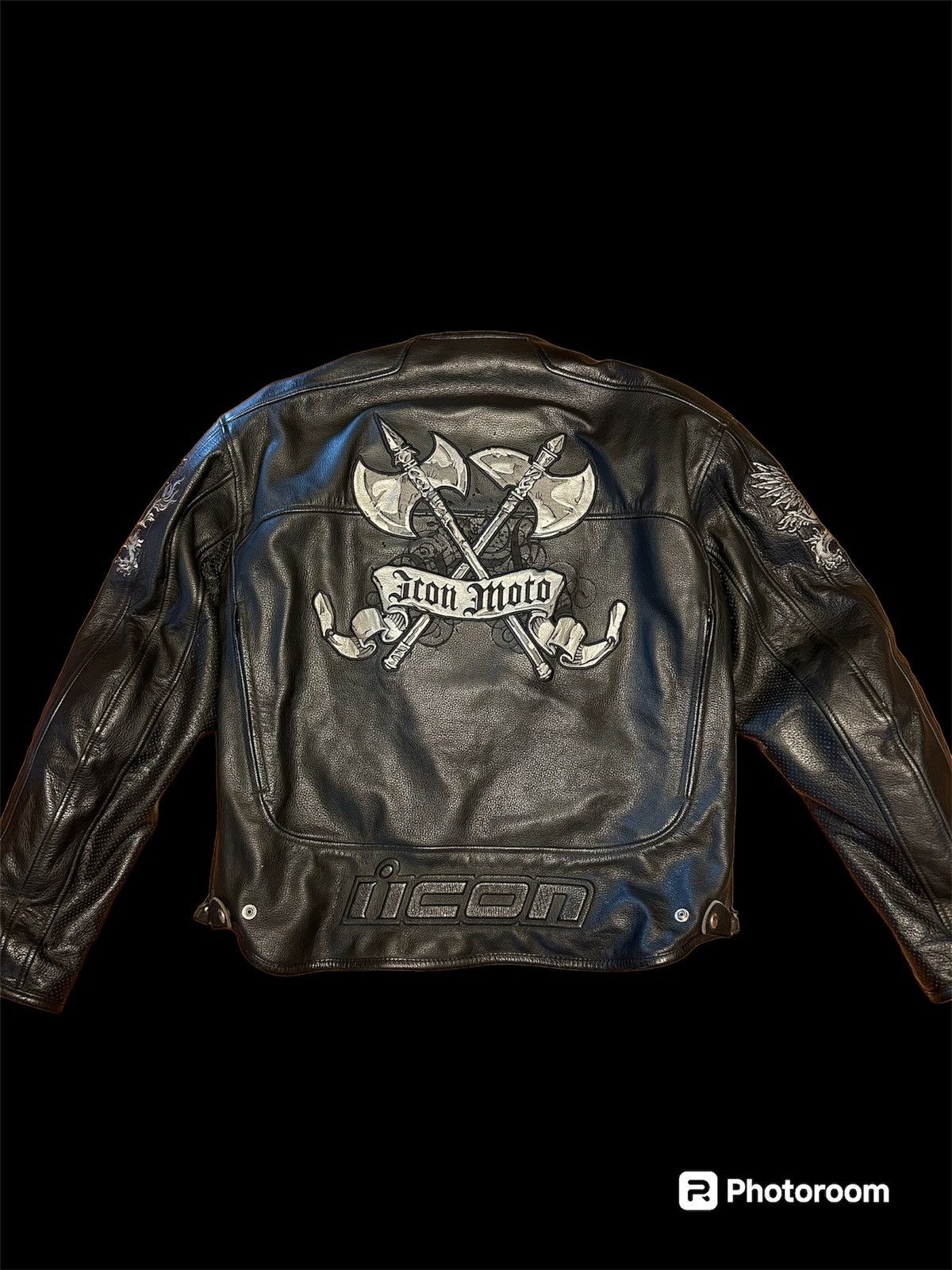 image of Authentic Icon x Leather Jacket Crazy Icon Moto Embroidered Padded Heavy Leather Jacket in Black (S
