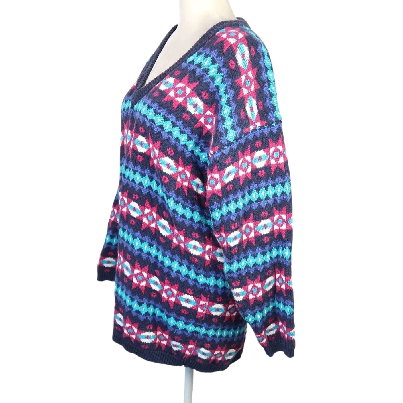 Nordstrom VINTAGE 90s Geometric Cotton Knit Sweater M Navy Blue Pink Geometric V-Neck Pullover Womens Size M / US 6-8 / IT 42-44 - 3 Thumbnail