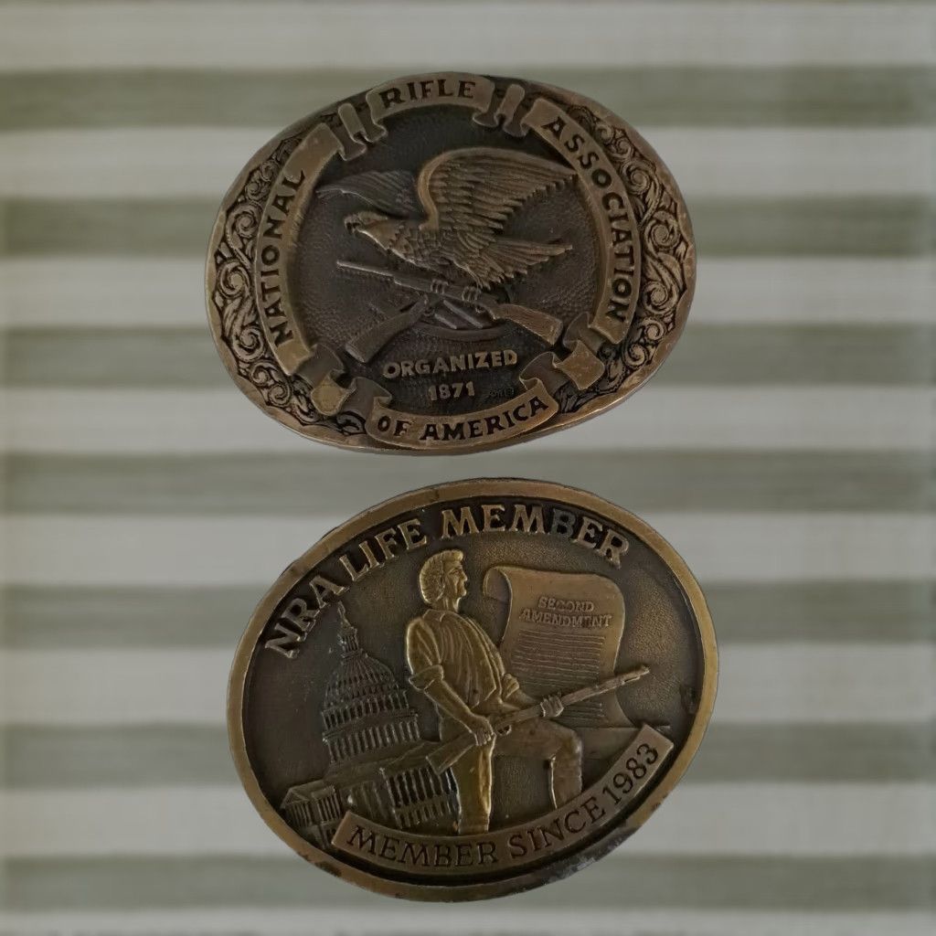 Vintage VINTAGE NRA Solid Brass Belt Buckles 3 inch Bronze Military & Weaponry 1980s Set of 2 Adult Unisex Men Women Size ONE SIZE - 1 Thumbnail
