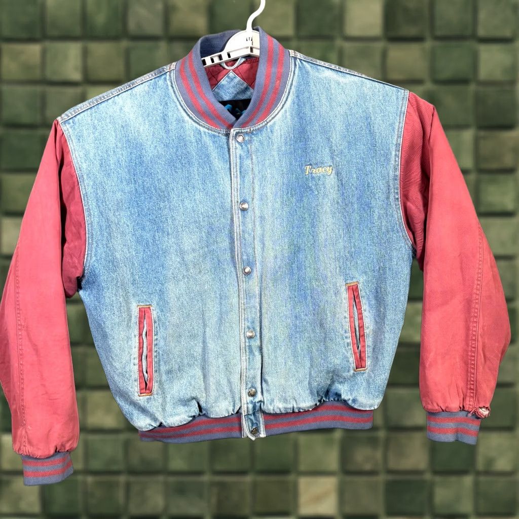 Vintage Tri-Mountain Mens L Varsity Jacket Blue Pink 100% Cotton Button Front Streetwear Jacket Size US L / EU 52-54 / 3 - 1 Thumbnail