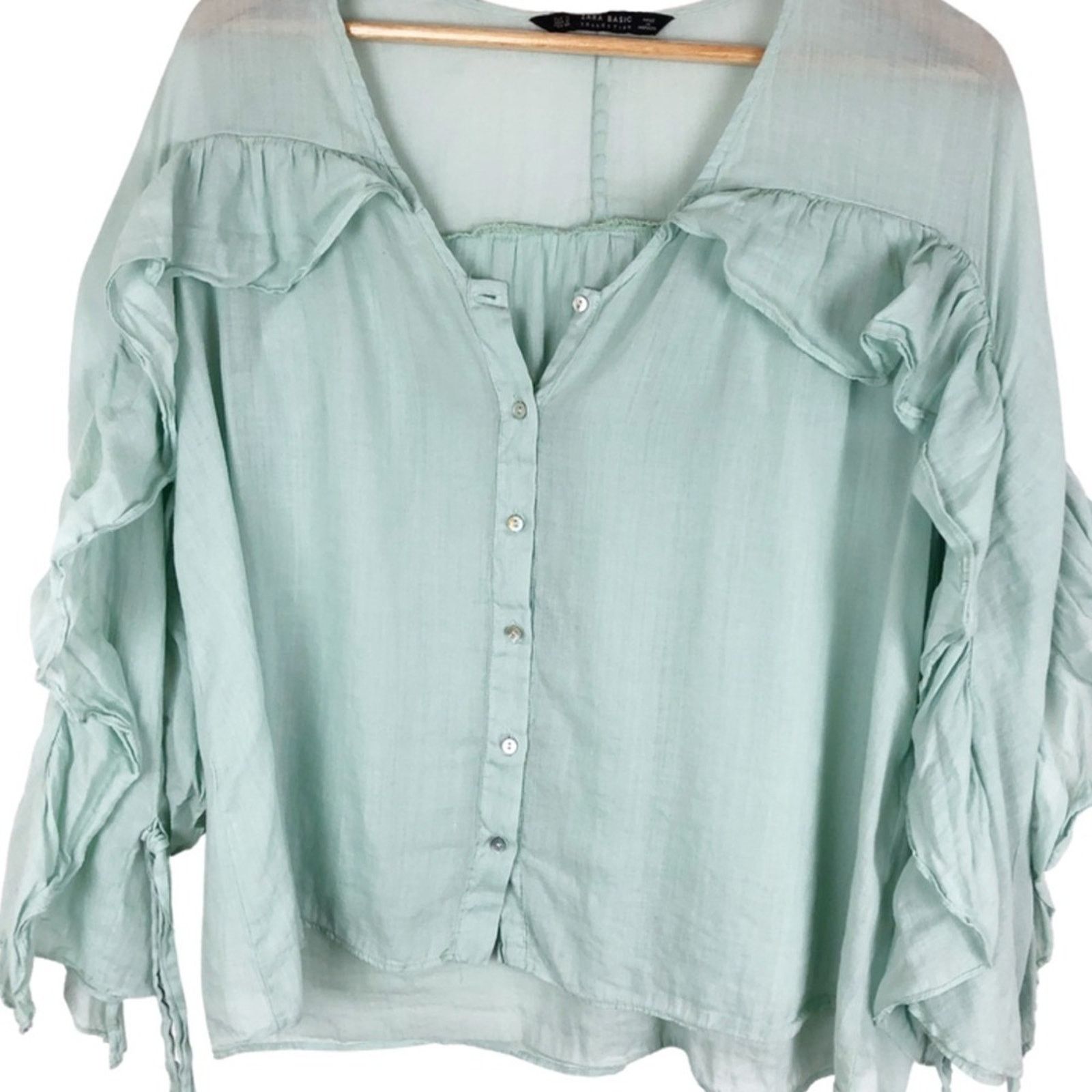 Zara Zara Women’s Basic Sage Ruffle Feminine Blouse Size M / US 6-8 / IT 42-44 - 5 Thumbnail