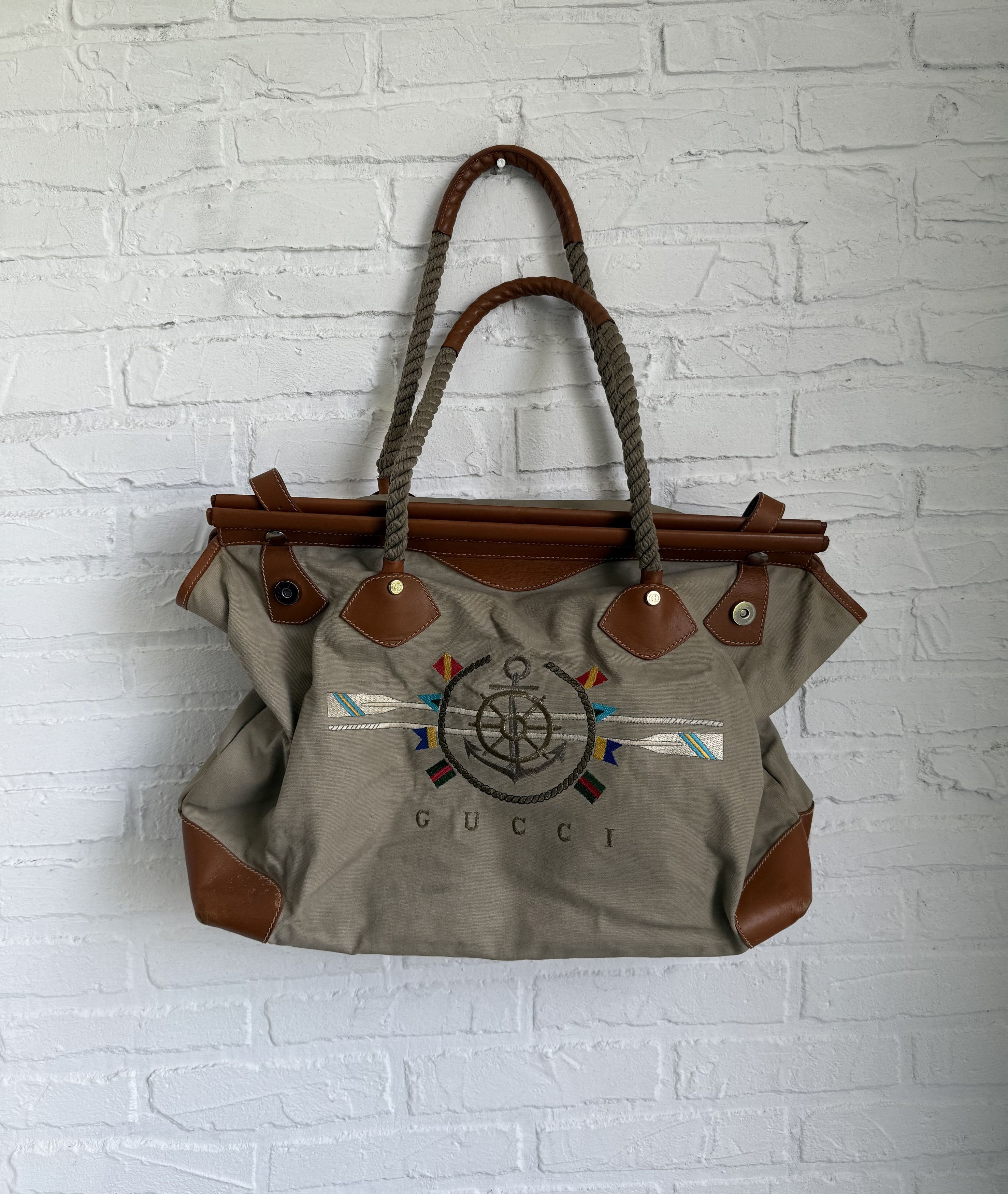 80's Gucci Canvas Leather Tote Bag Sail Nautical in Beige, Women's