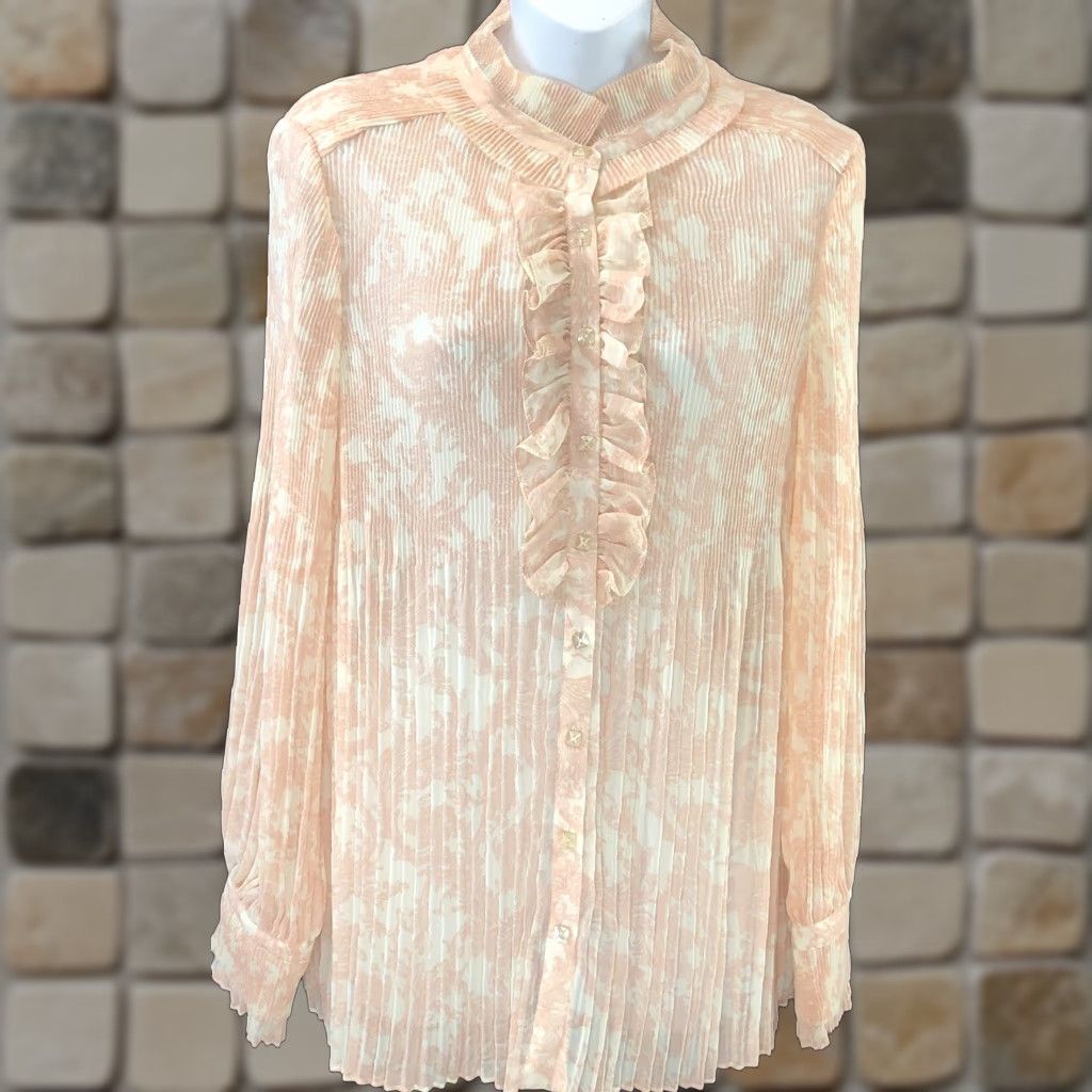 Vintage Dialogue Chiffon Top M Peach Paisley Ruffles Collar Pleated Coquette Romantic Shirt Women M Peach Paisley Ruffles Collar Pleated Chiffon Top Dialogue Size M / US 6-8 / IT 42-44 - 1 Thumbnail