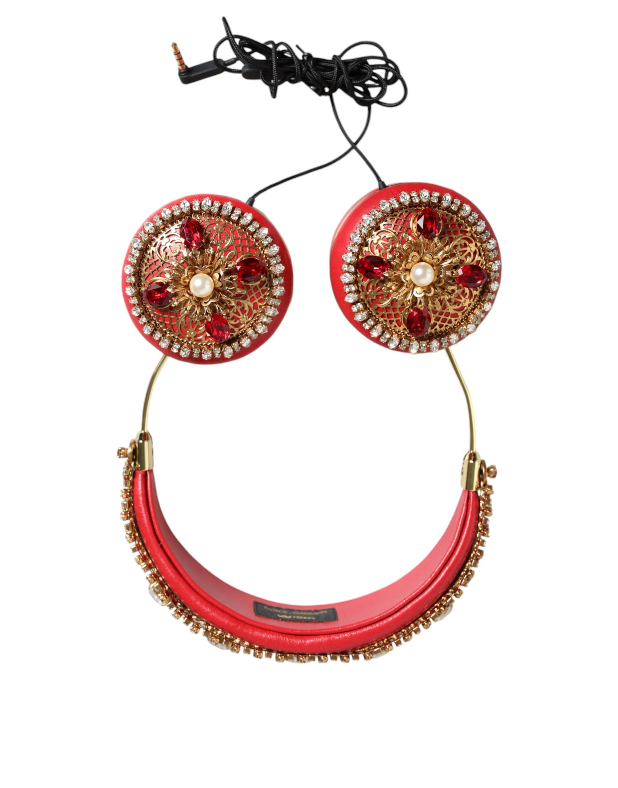 Dolce & Gabbana Red Nappa Leather Floral Crystal Women's Headphone Size ONE SIZE - 1 Thumbnail