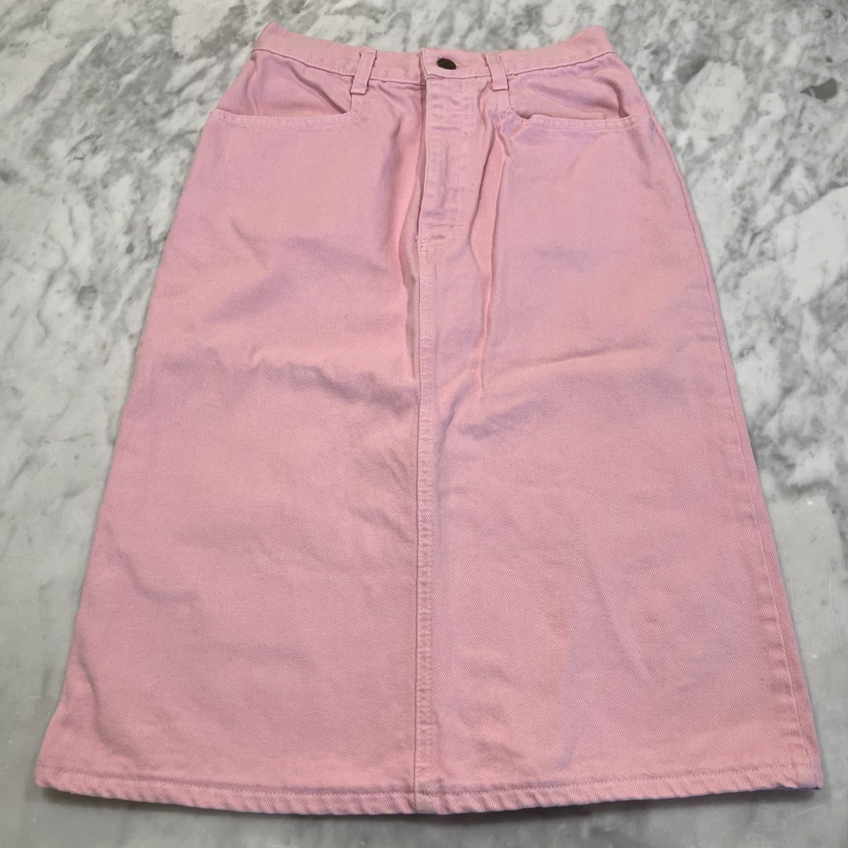 Denime Vintage Midi Skirt Pink Denim Zipper Button Front Pockets Bare Back Western Size 42" / US 20 - 2 Thumbnail