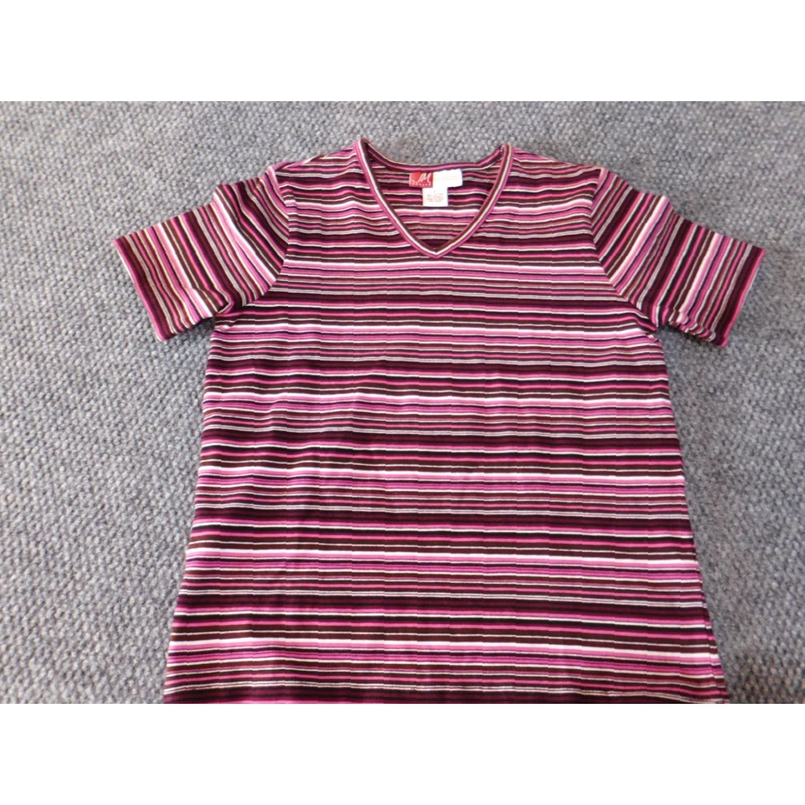JM Collection JM Collection Shirt Petite Women V-Neck Stretch Tee Purple Striped Short Sleeve Pullover Casual Knit Cotton Spandex 0P Womens Size XS / US 0-2 / IT 36-38 - 4 Thumbnail