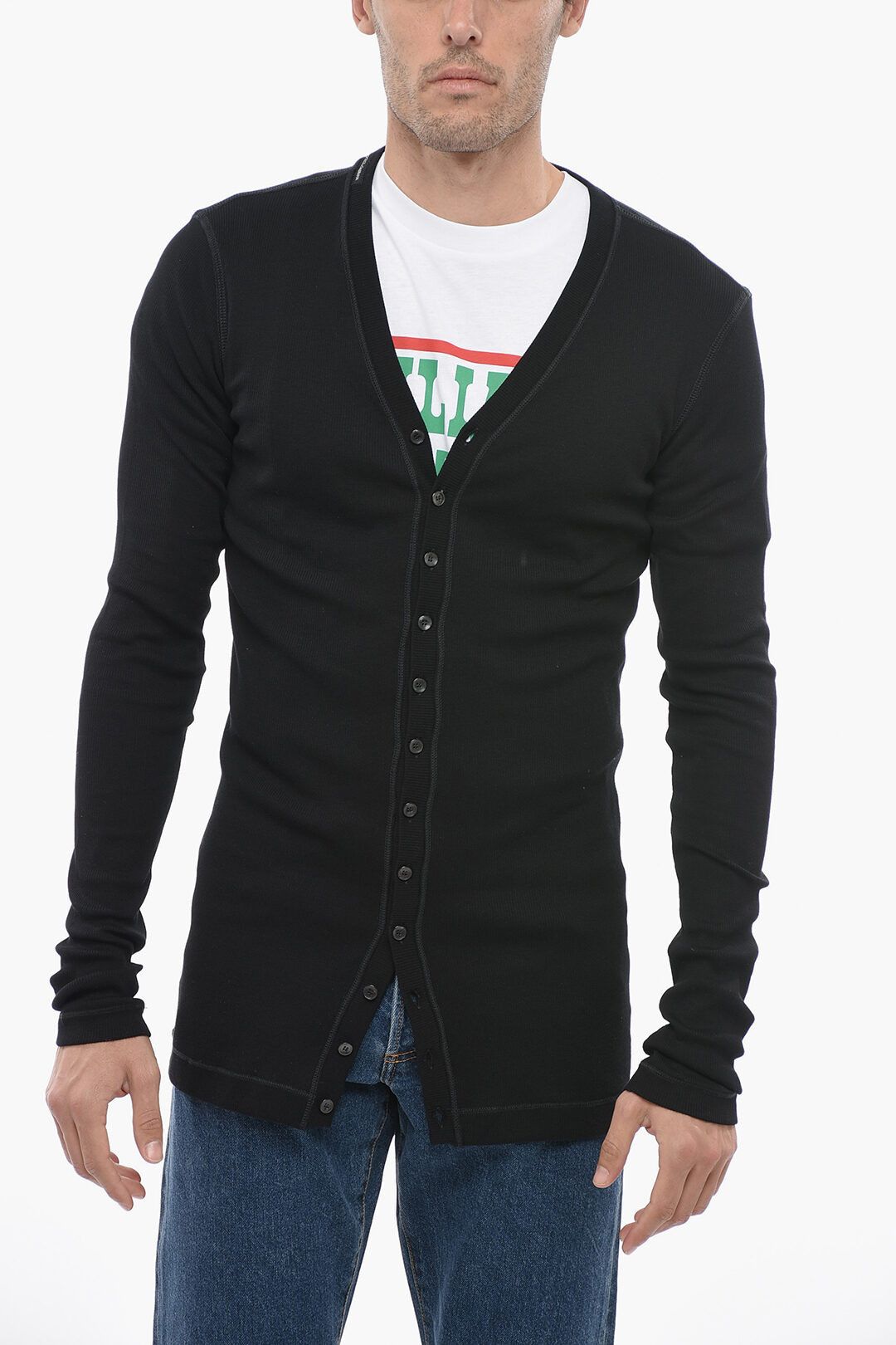 image of Dolce Gabbana Og1Mm0424 V-Neck-Cotton Cardigan In Black, Men's (Size Medium)