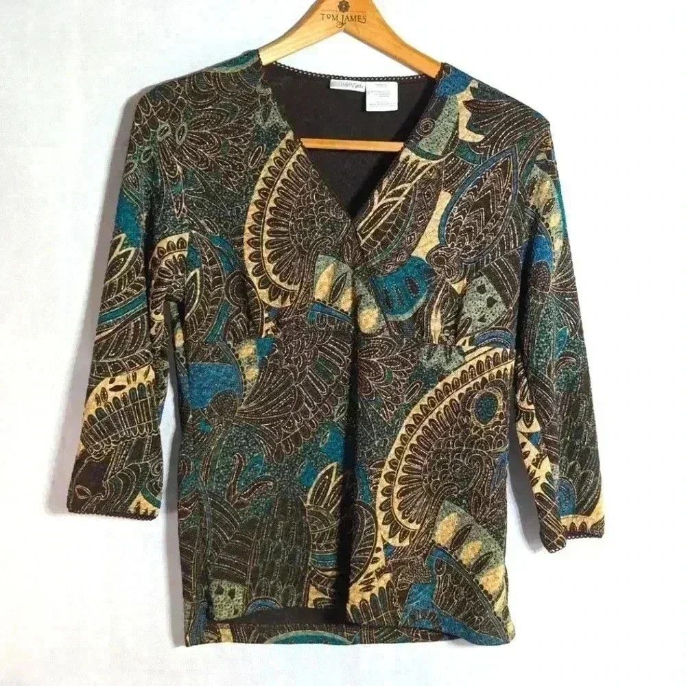 Vintage Blue and Gold Egyptian style blouse by Easter 5 th sz S Size S / US 4 / IT 40 - 1 Thumbnail