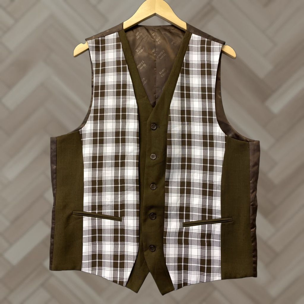 Vintage Tony Blake Brown Men's Casual Dress Vest 43 Waistcoat Suit Tuxedo 126-57 / 12657 Plaid Polyester Slim Regular Coat Waistcoat Vest Size US XS / EU 42 / 0 - 1 Thumbnail