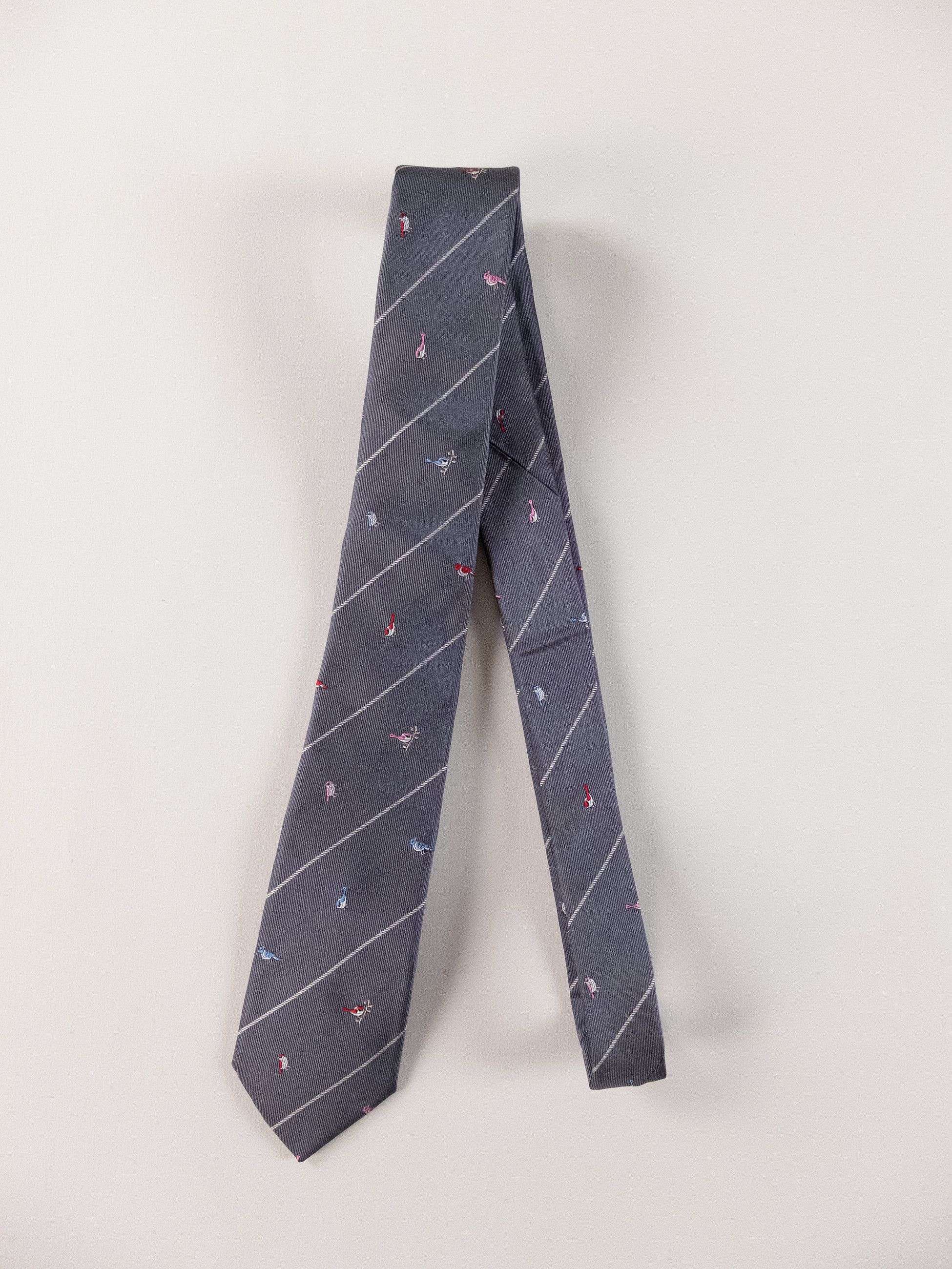 PAUL SMITH gray birds motif skinny silk tie authentic Italy