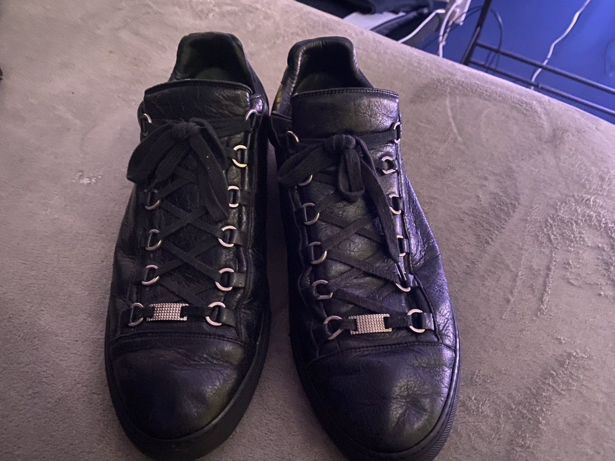 image of Balenciaga Arena Low Top Black Leather Shoes, Men's (Size 11.5)