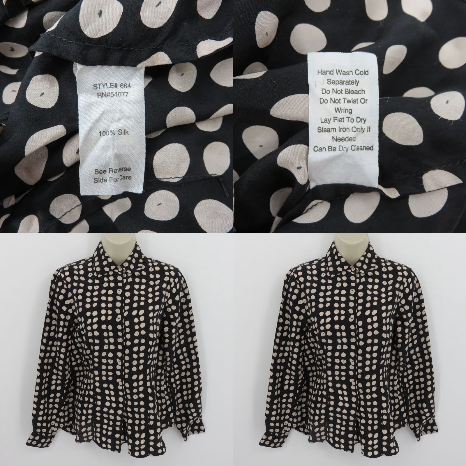 Vintage Cabi Button-Up Shirt Womens XS Black Silk Polka Dot Collar Long Sleeve Size XS / US 0-2 / IT 36-38 - 8 Thumbnail